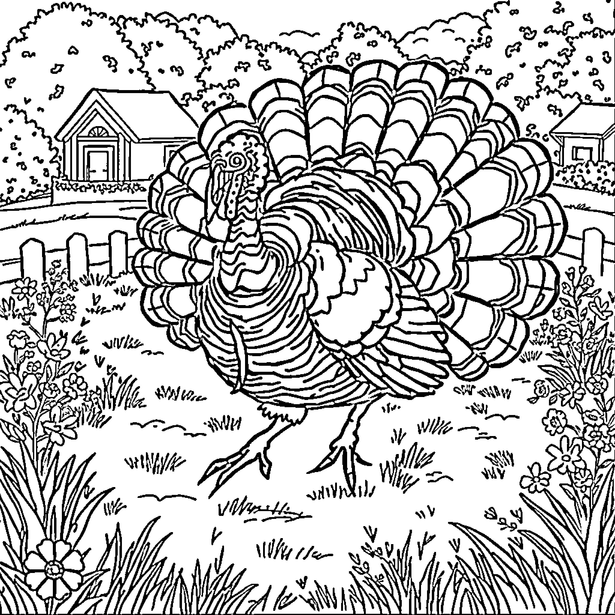 Turkey in Autumn Farm Scene Coloring Page (free black-and-white line drawing printable PDF for all, from beginners to advanced learners, including children, teens, adults, and seniors)