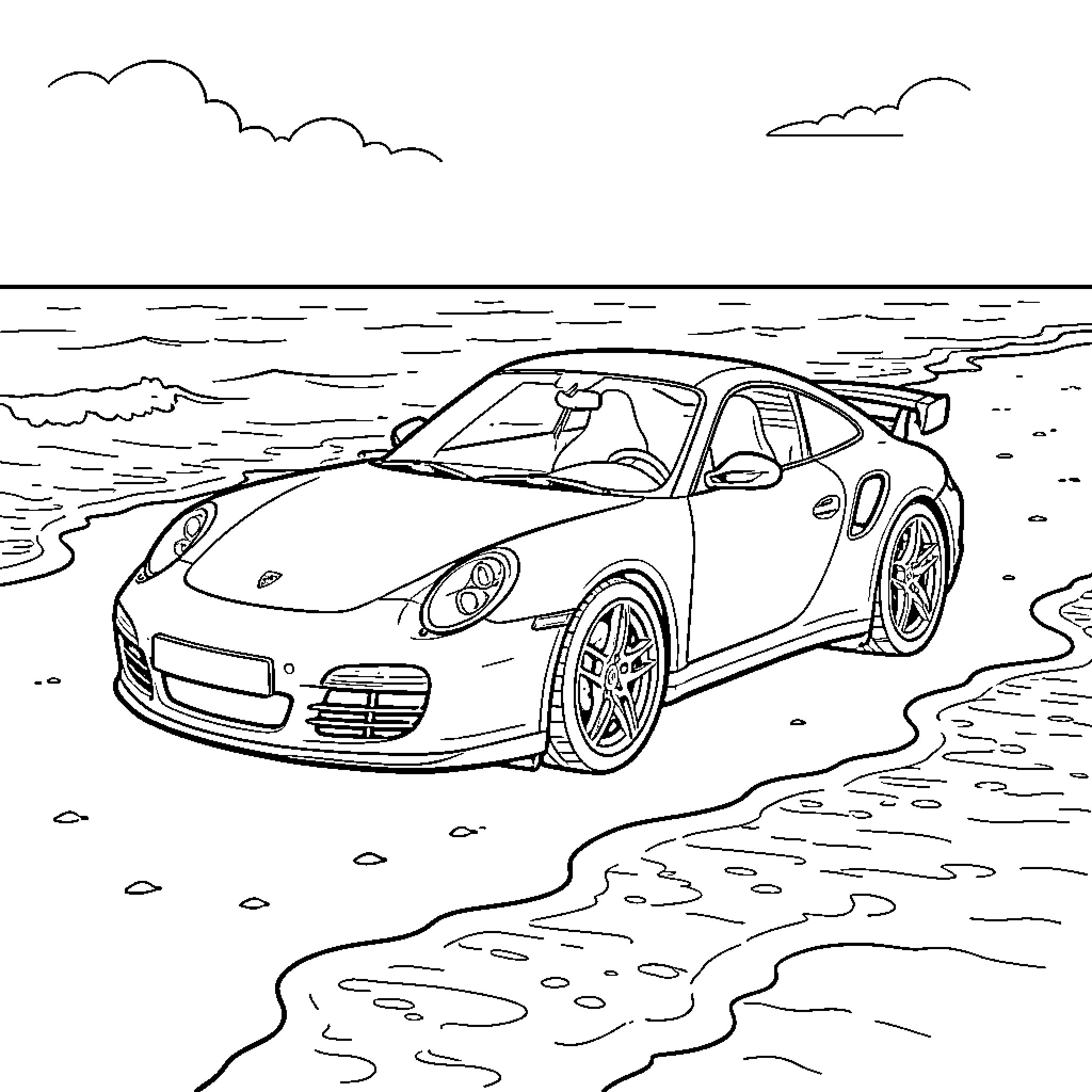 Porsche parked on a scenic sandy beach Coloring Page (free black-and-white line drawing printable PDF for all, from beginners to advanced learners, including children, teens, adults, and seniors)