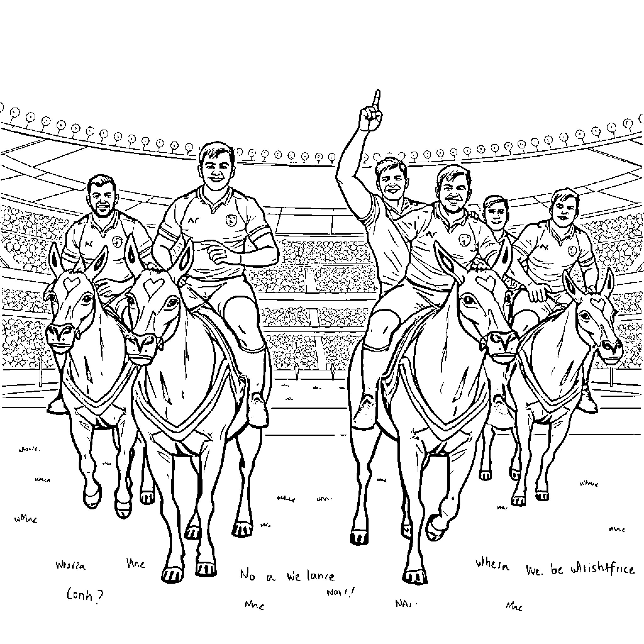 Springbok rugby team riding on horseback in the stadium Coloring Page (free black-and-white line drawing printable PDF for all, from beginners to advanced learners, including children, teens, adults, and seniors)