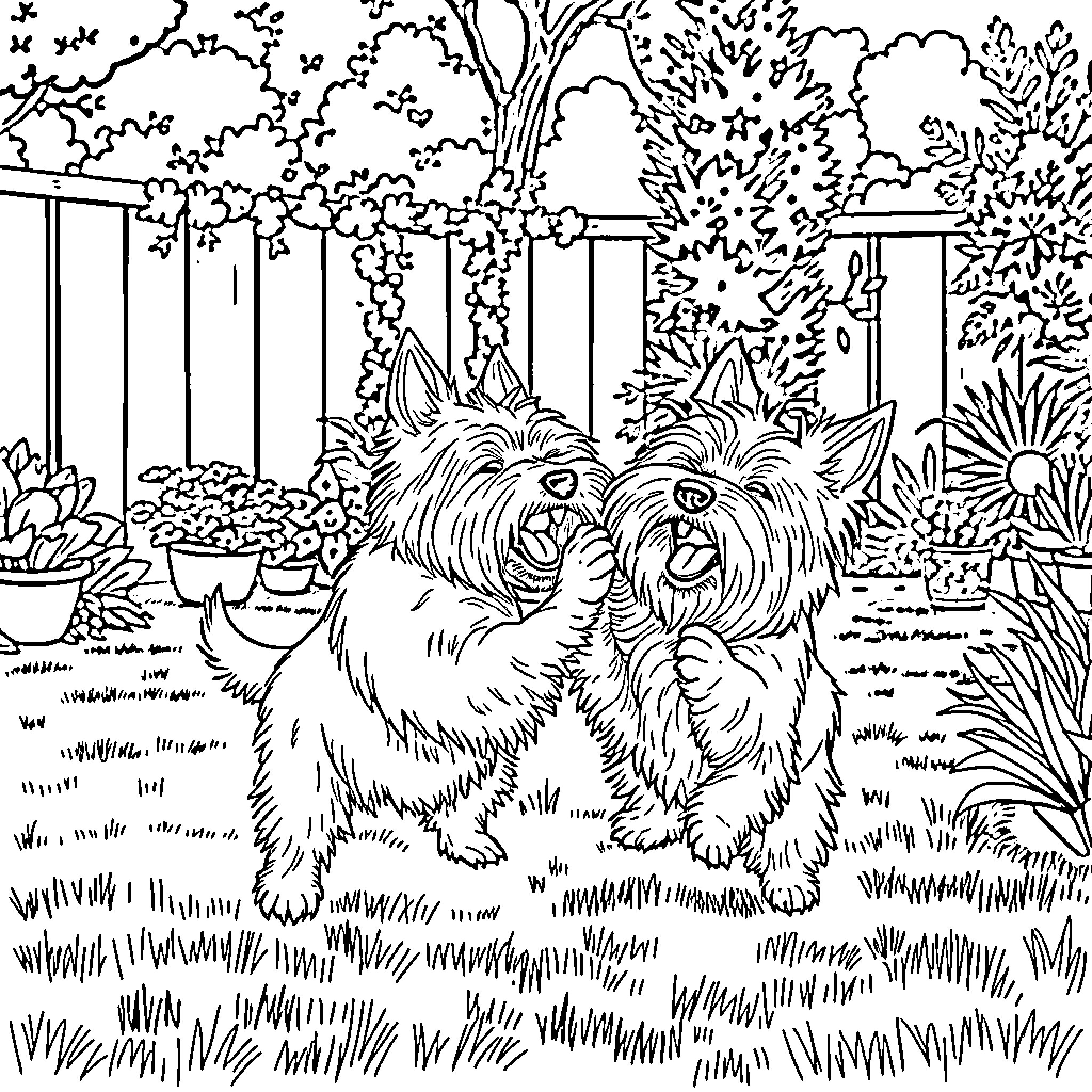 Westie dogs enjoying the outdoor garden scenery Coloring Page (free black-and-white line drawing printable PDF for all, from beginners to advanced learners, including children, teens, adults, and seniors)