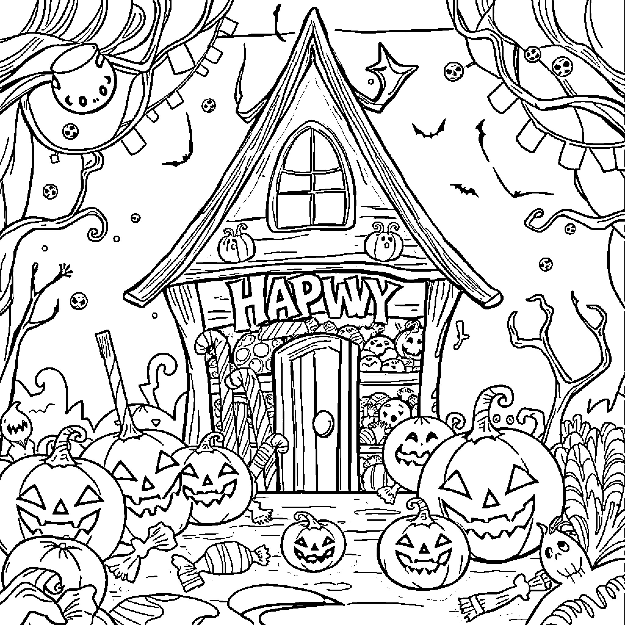 Candy Cottage with Halloween Decorations Coloring Page (free black-and-white line drawing printable PDF for all, from beginners to advanced learners, including children, teens, adults, and seniors)
