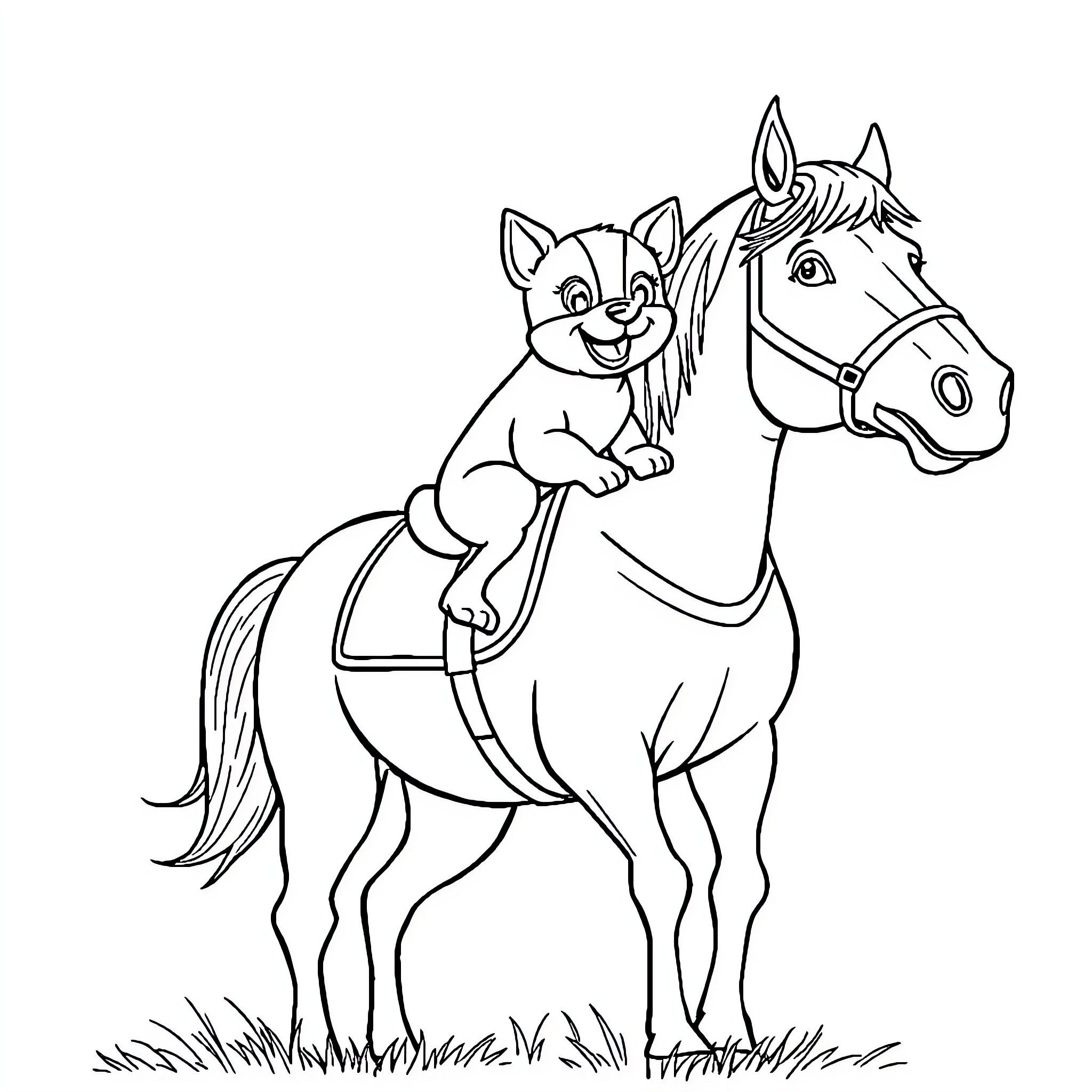 Dog playing with horse in the countryside Coloring Page (free black-and-white line drawing printable PDF for all, from beginners to advanced learners, including children, teens, adults, and seniors)