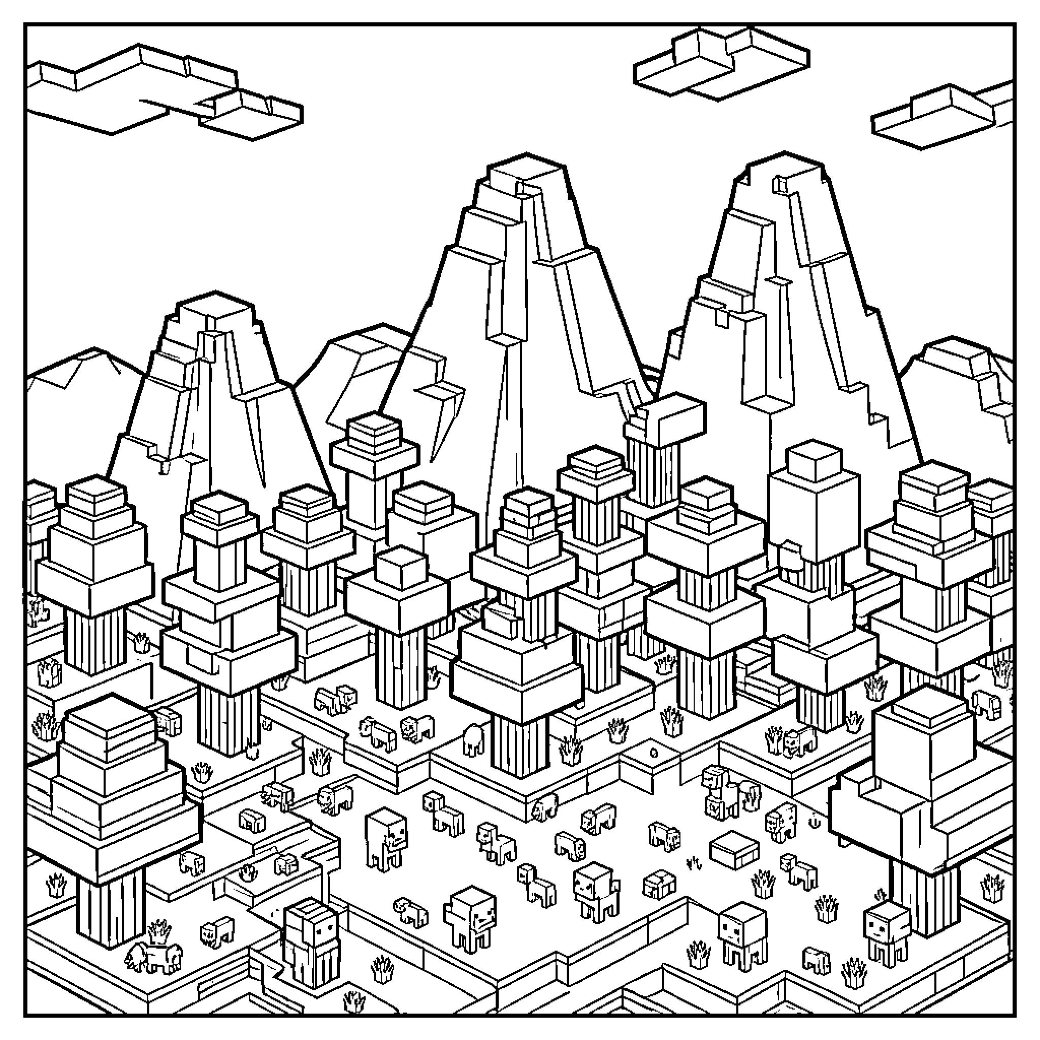 Minecraft Cityscape with Towering Mountains Coloring Page (free black-and-white line drawing printable PDF for all, from beginners to advanced learners, including children, teens, adults, and seniors)