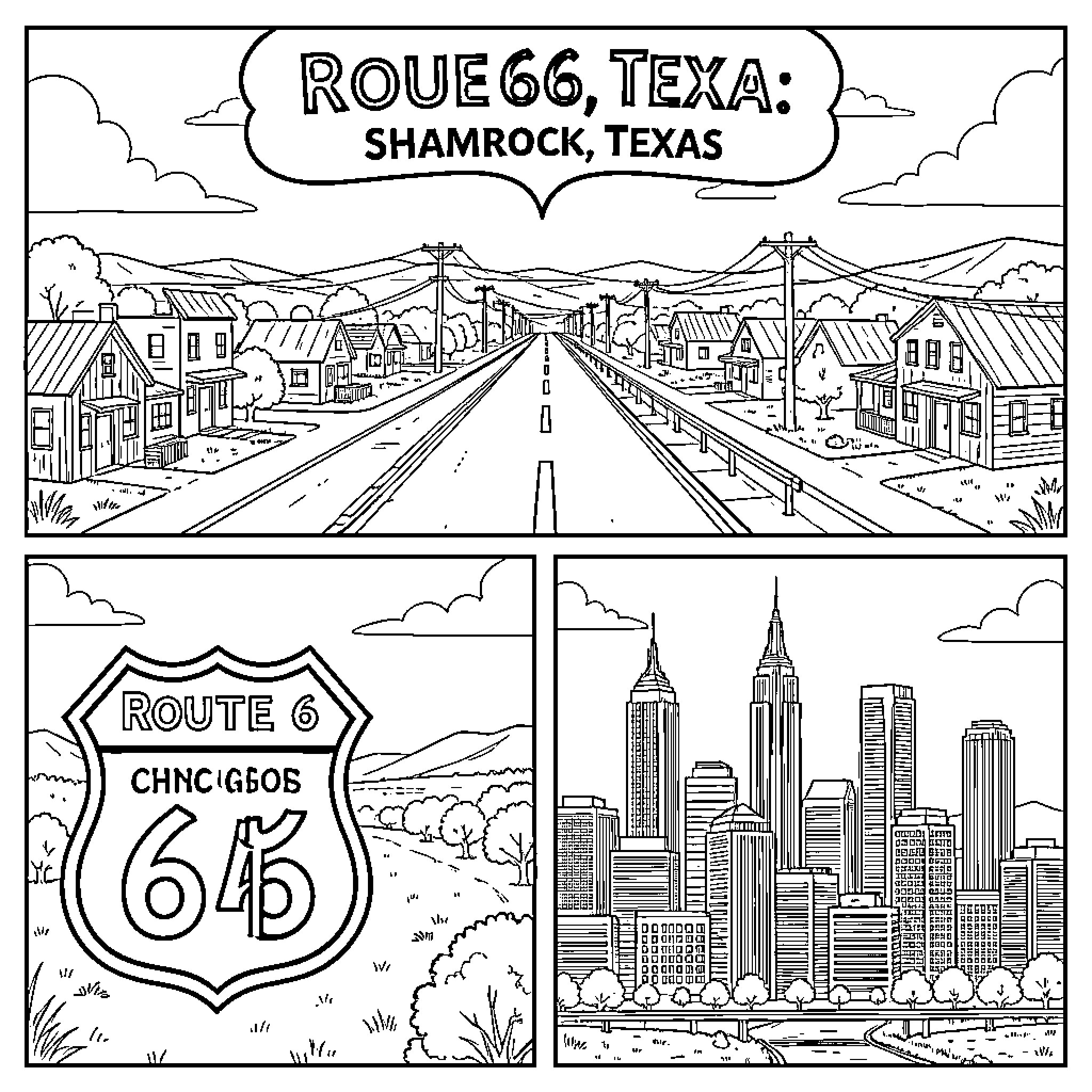 Route 66 scenery featuring a highway and city skyline Coloring Page (free black-and-white line drawing printable PDF for all, from beginners to advanced learners, including children, teens, adults, and seniors)