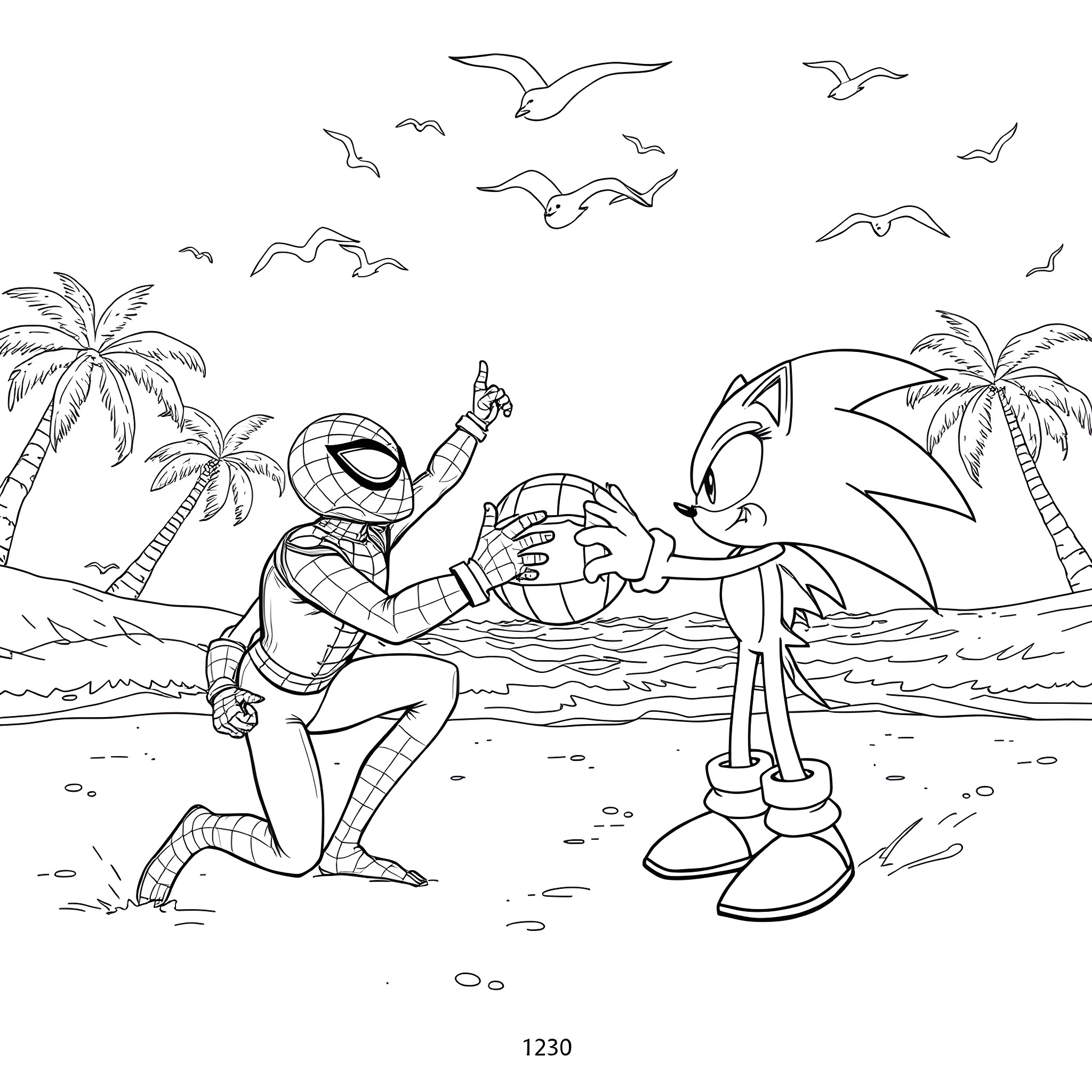 Spiderman and Sonic the Hedgehog battle on the beach Coloring Page (free black-and-white line drawing printable PDF for all, from beginners to advanced learners, including children, teens, adults, and seniors)