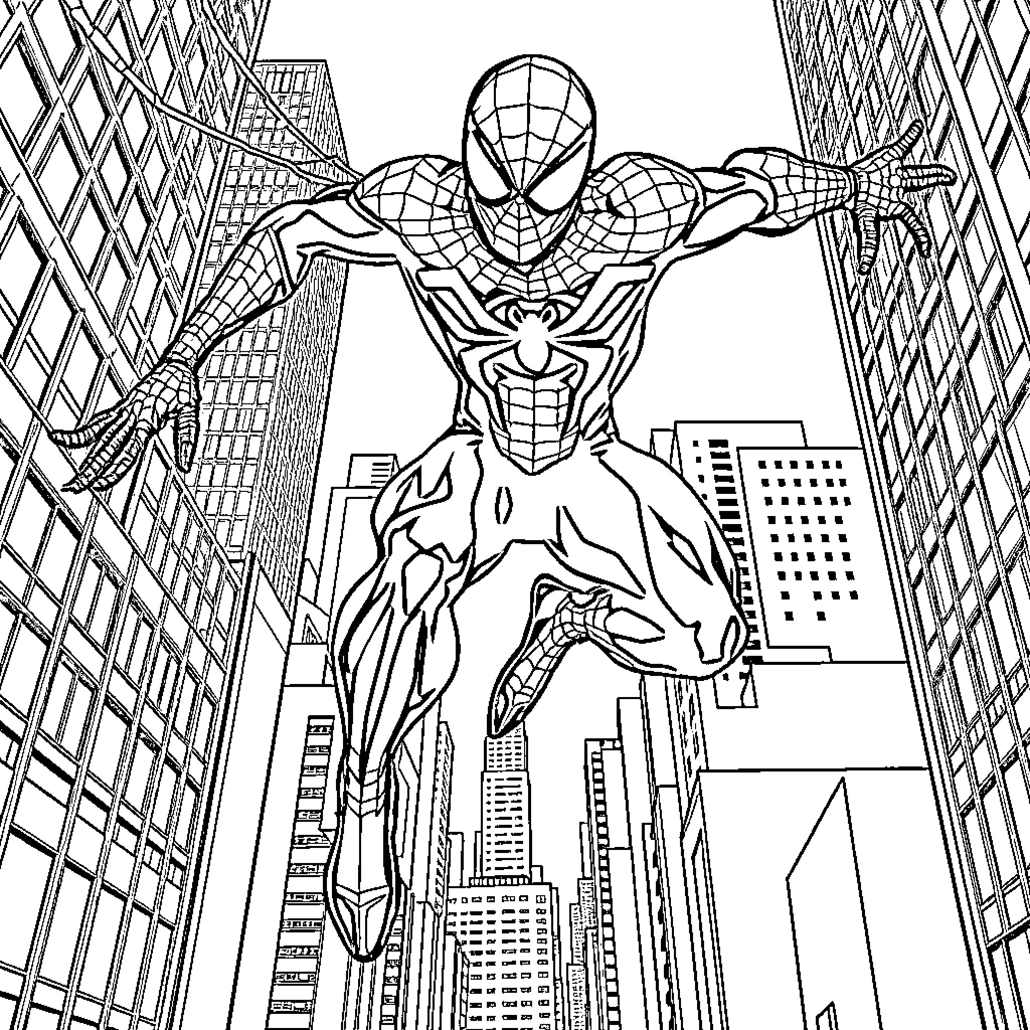 Spiderman swinging through the city with heroic pose Coloring Page (free black-and-white line drawing printable PDF for all, from beginners to advanced learners, including children, teens, adults, and seniors)