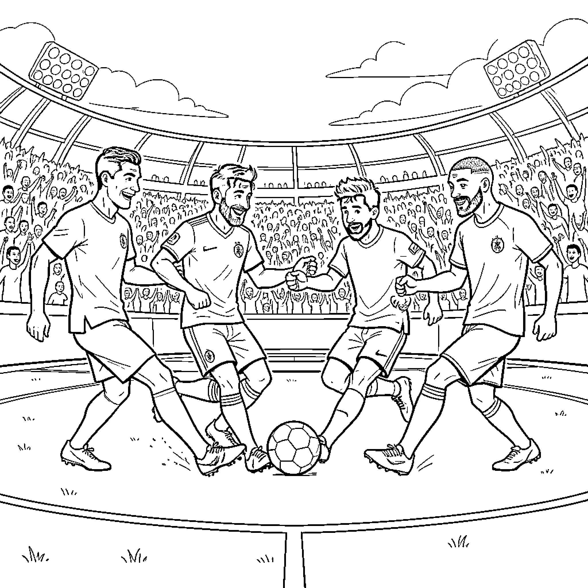 Football Player competing for the ball in a stadium Coloring Page (free black-and-white line drawing printable PDF for all, from beginners to advanced learners, including children, teens, adults, and seniors)