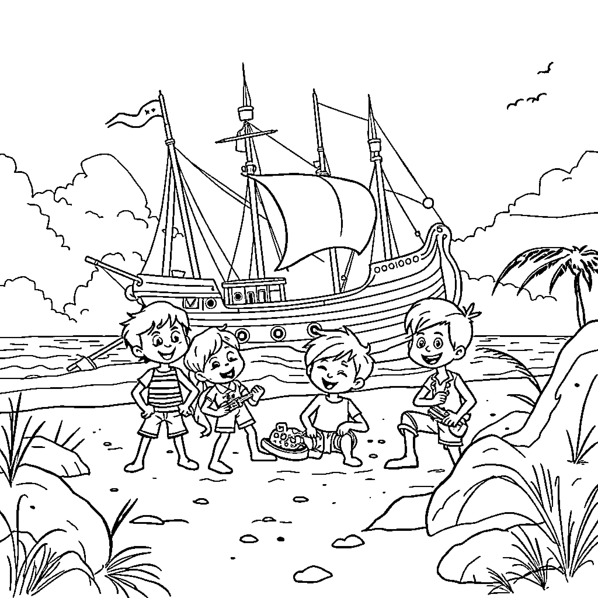 Goonies exploring the pirate ship on the beach Coloring Page (free black-and-white line drawing printable PDF for all, from beginners to advanced learners, including children, teens, adults, and seniors)