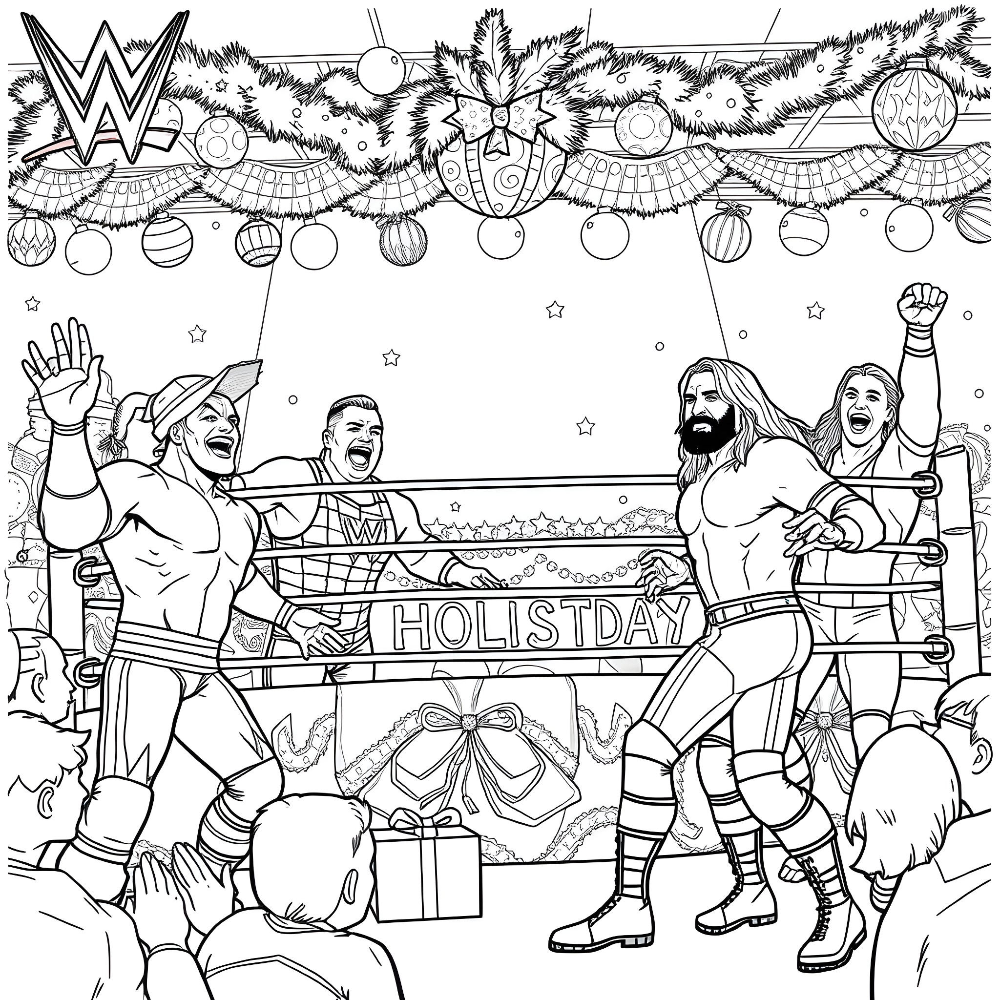 WWE Wrestlers Celebrating Holidays with Festive Decorations Coloring Page (free black-and-white line drawing printable PDF for all, from beginners to advanced learners, including children, teens, adults, and seniors)