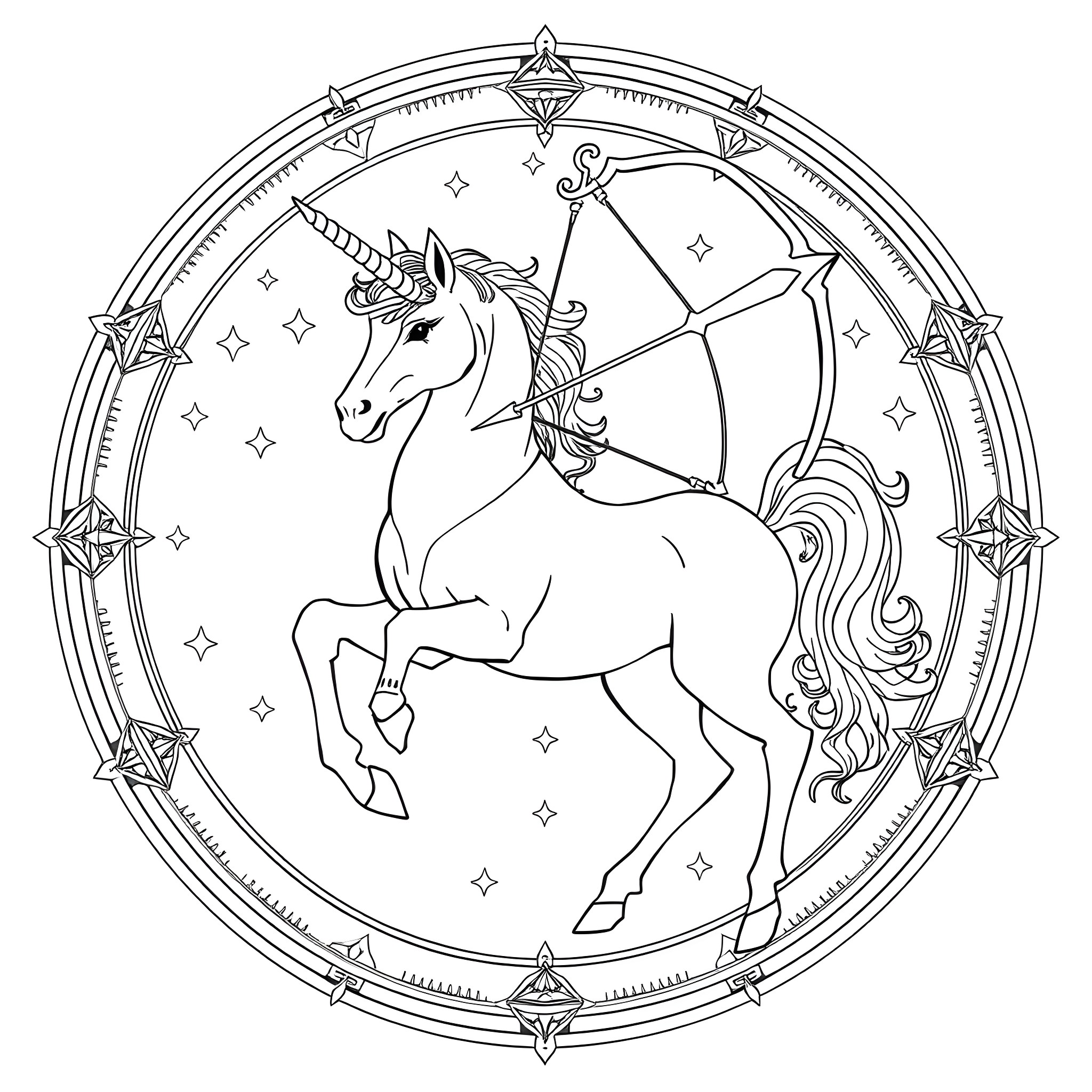 Sagittarius the Archer Unicorn in Starry Circle Coloring Page (free black-and-white line drawing printable PDF for all, from beginners to advanced learners, including children, teens, adults, and seniors)