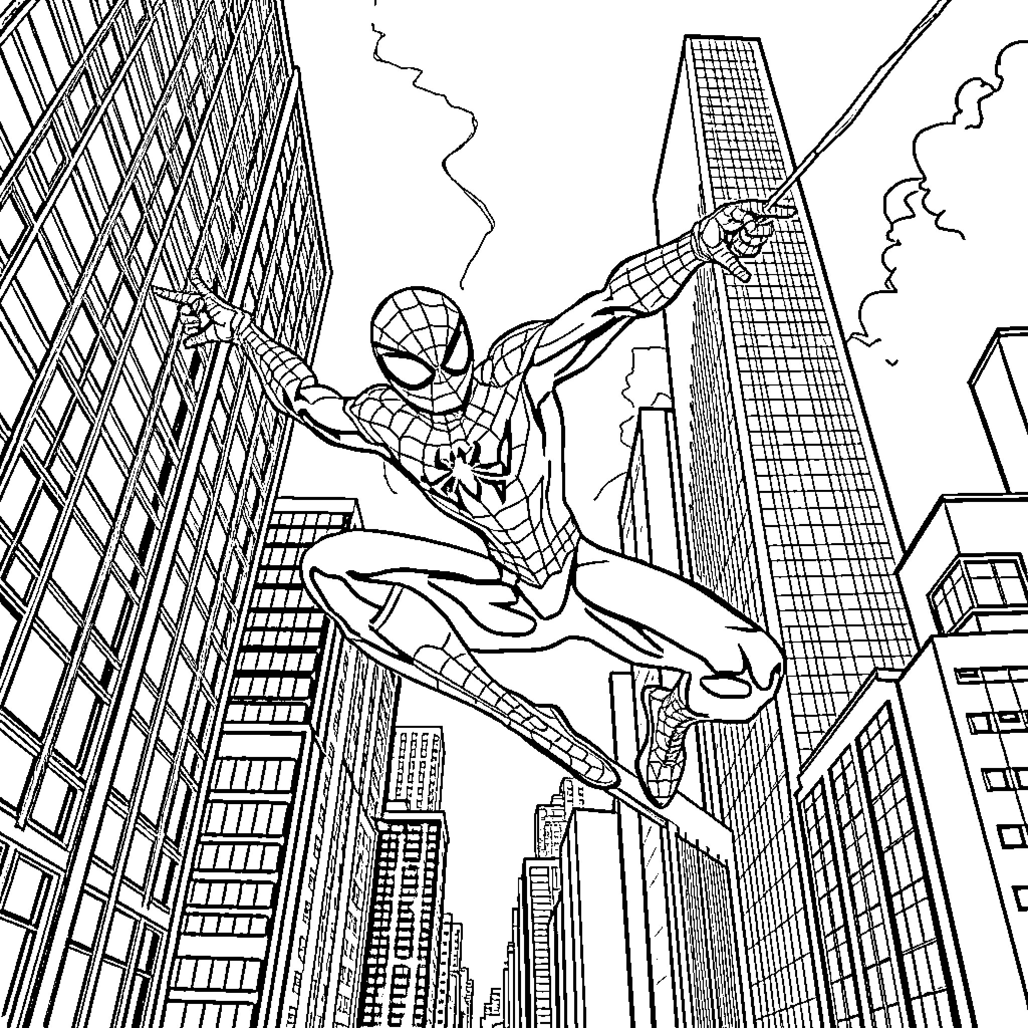 Spiderman leaping through a city skyline Coloring Page (free black-and-white line drawing printable PDF for all, from beginners to advanced learners, including children, teens, adults, and seniors)