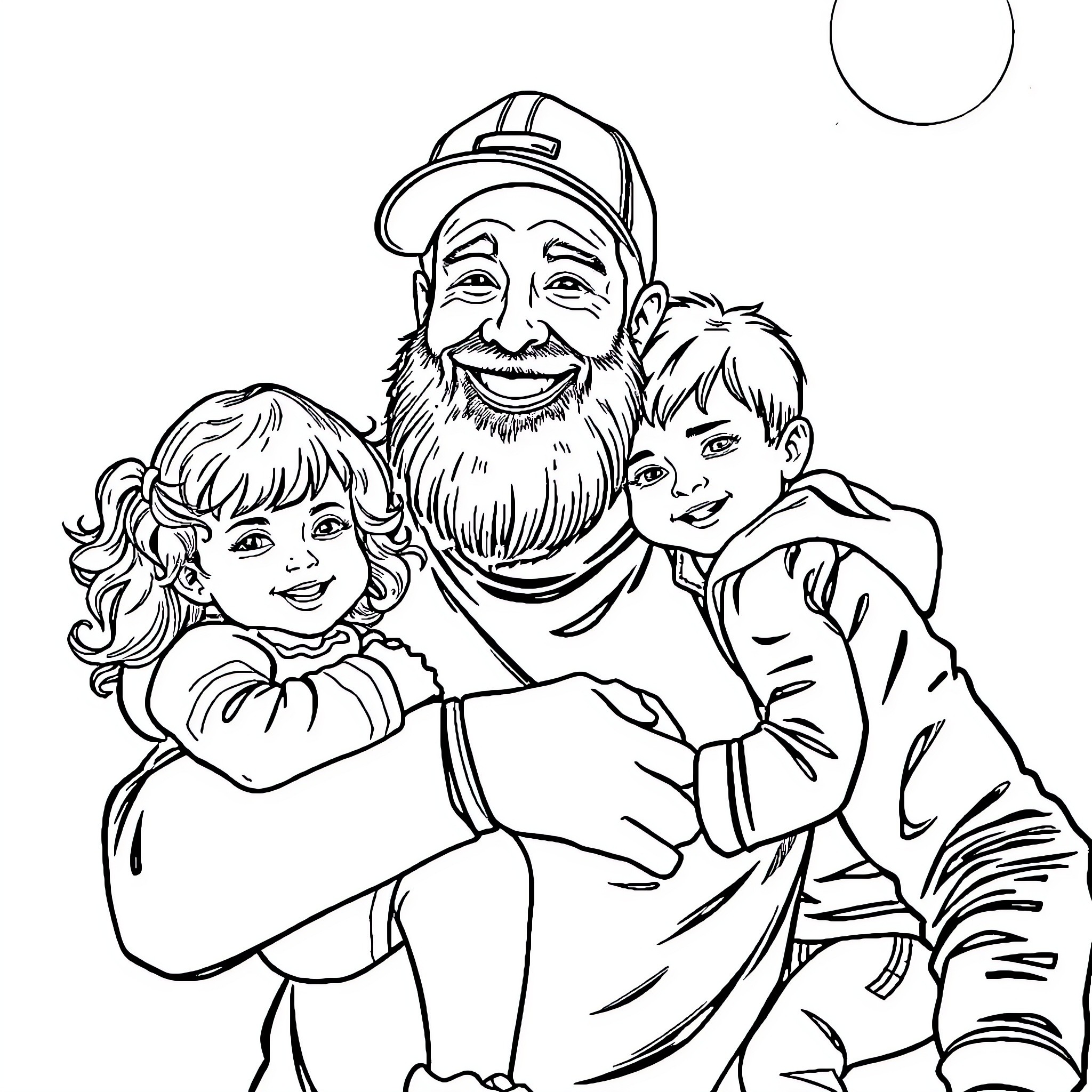 Dad embracing happy children in outdoor setting Coloring Page (free black-and-white line drawing printable PDF for all, from beginners to advanced learners, including children, teens, adults, and seniors)