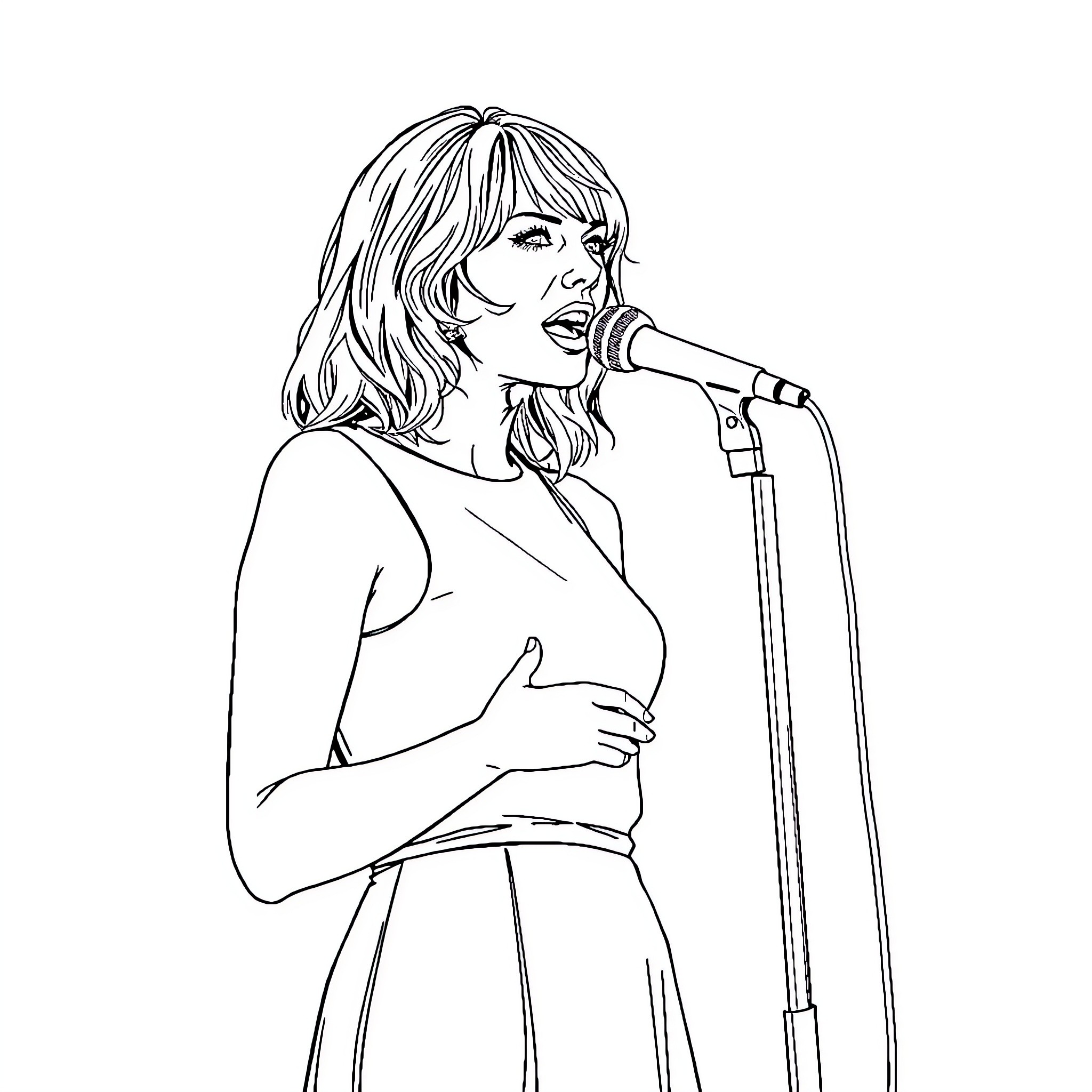 Taylor Swift performing on stage with passion Coloring Page (free black-and-white line drawing printable PDF for all, from beginners to advanced learners, including children, teens, adults, and seniors)