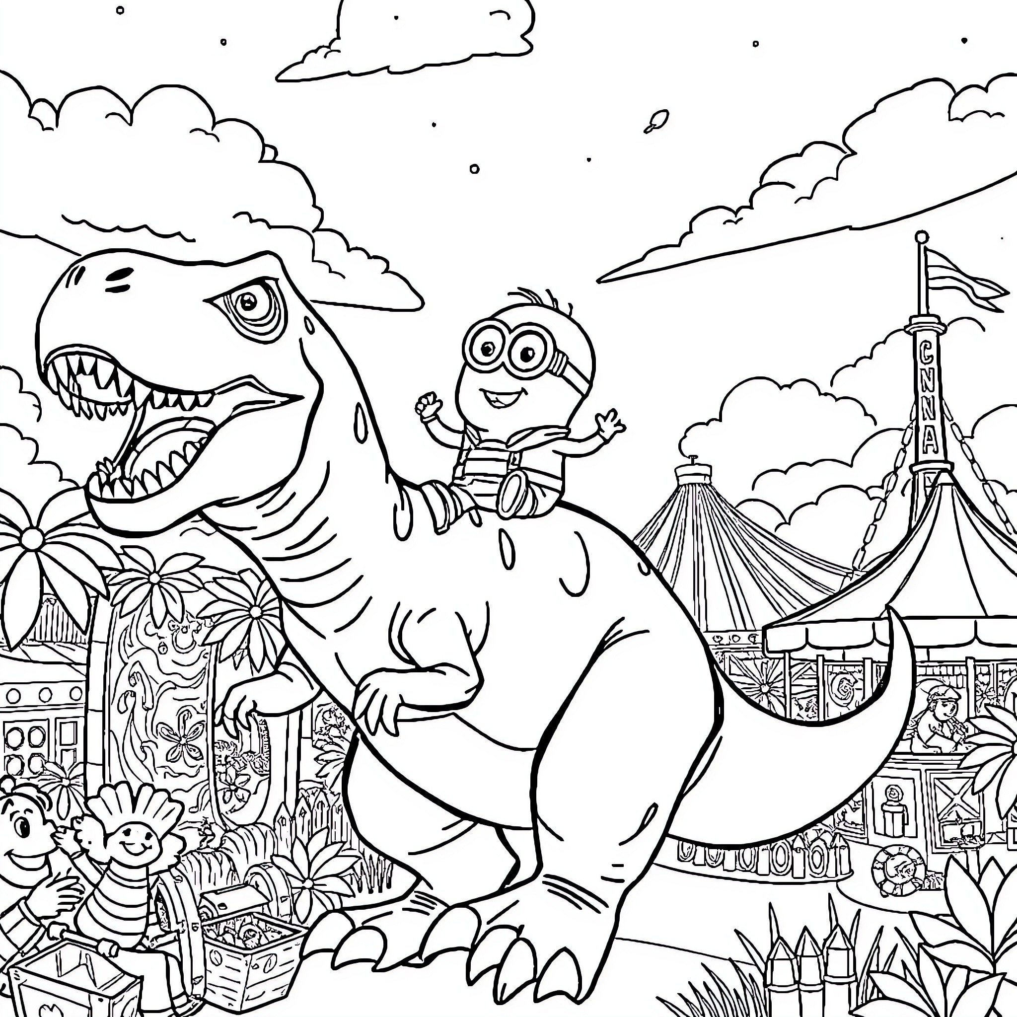 Minion Encounters Friendly Dinosaur at Lively Carnival Coloring Page (free black-and-white line drawing printable PDF for all, from beginners to advanced learners, including children, teens, adults, and seniors)