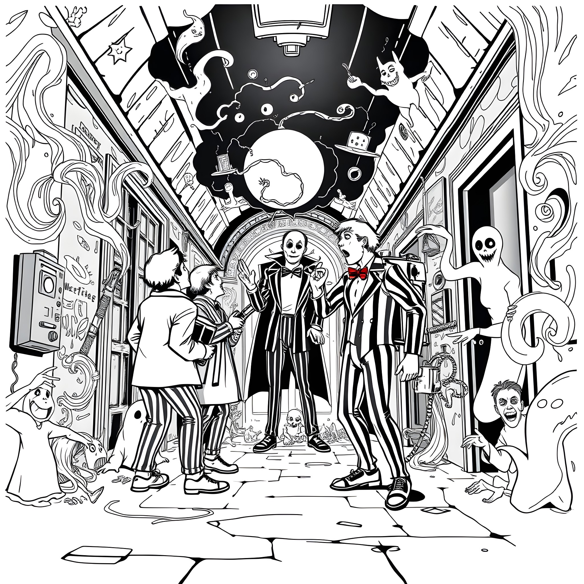 Ghostbusters: Spooky Supernatural Spectacle Coloring Page (free black-and-white line drawing printable PDF for all, from beginners to advanced learners, including children, teens, adults, and seniors)