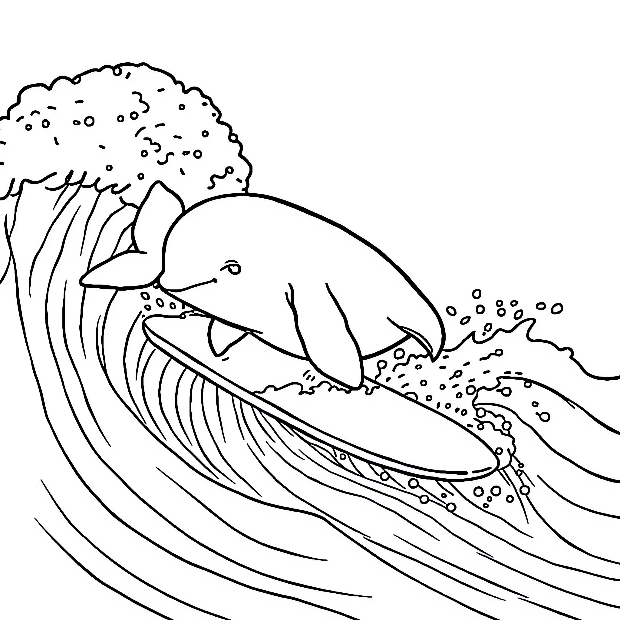 Beluga whale riding a crashing wave Coloring Page (free black-and-white line drawing printable PDF for all, from beginners to advanced learners, including children, teens, adults, and seniors)