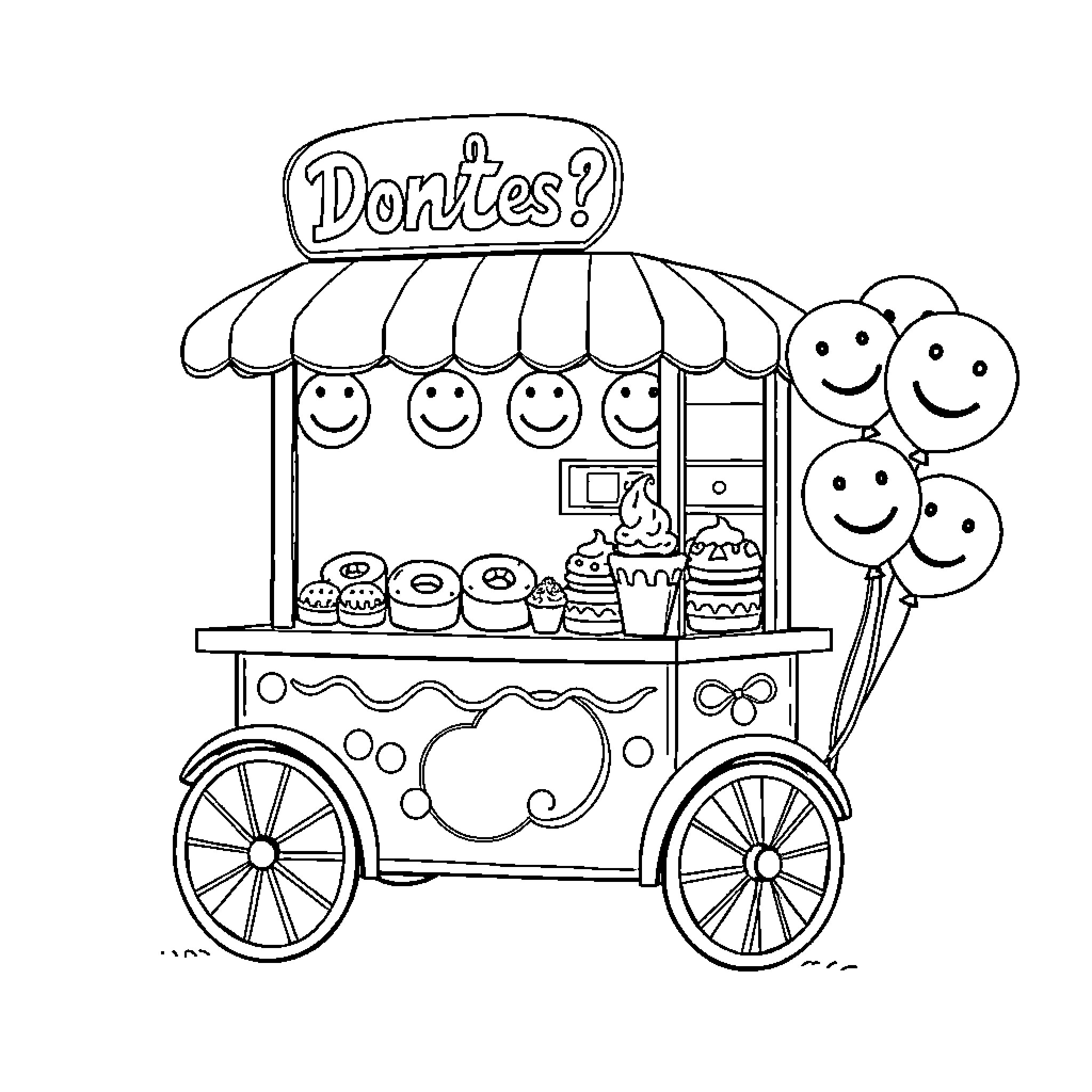 Ice Cream Cart Selling Treats on the Move Coloring Page (free black-and-white line drawing printable PDF for all, from beginners to advanced learners, including children, teens, adults, and seniors)