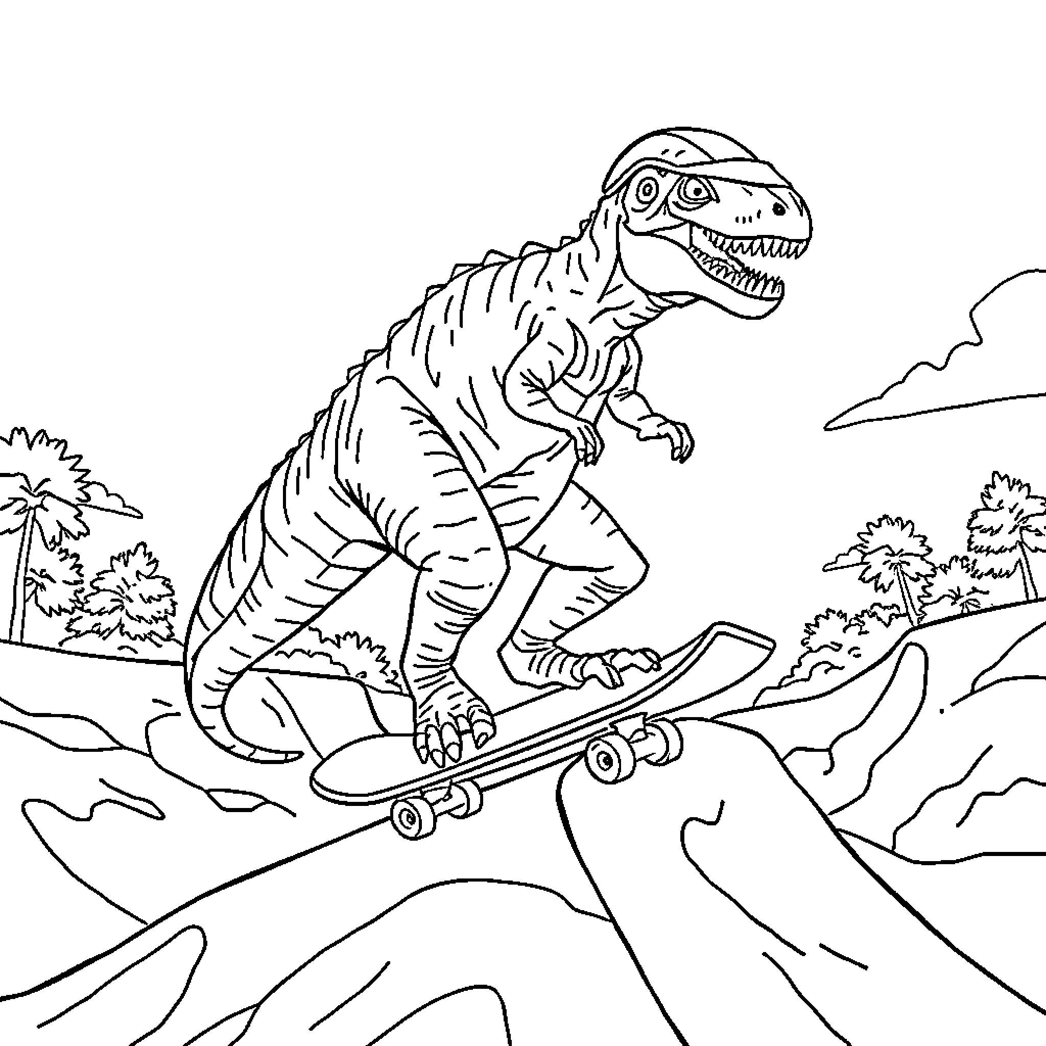 Velociraptor riding skateboard in nature Coloring Page (free black-and-white line drawing printable PDF for all, from beginners to advanced learners, including children, teens, adults, and seniors)