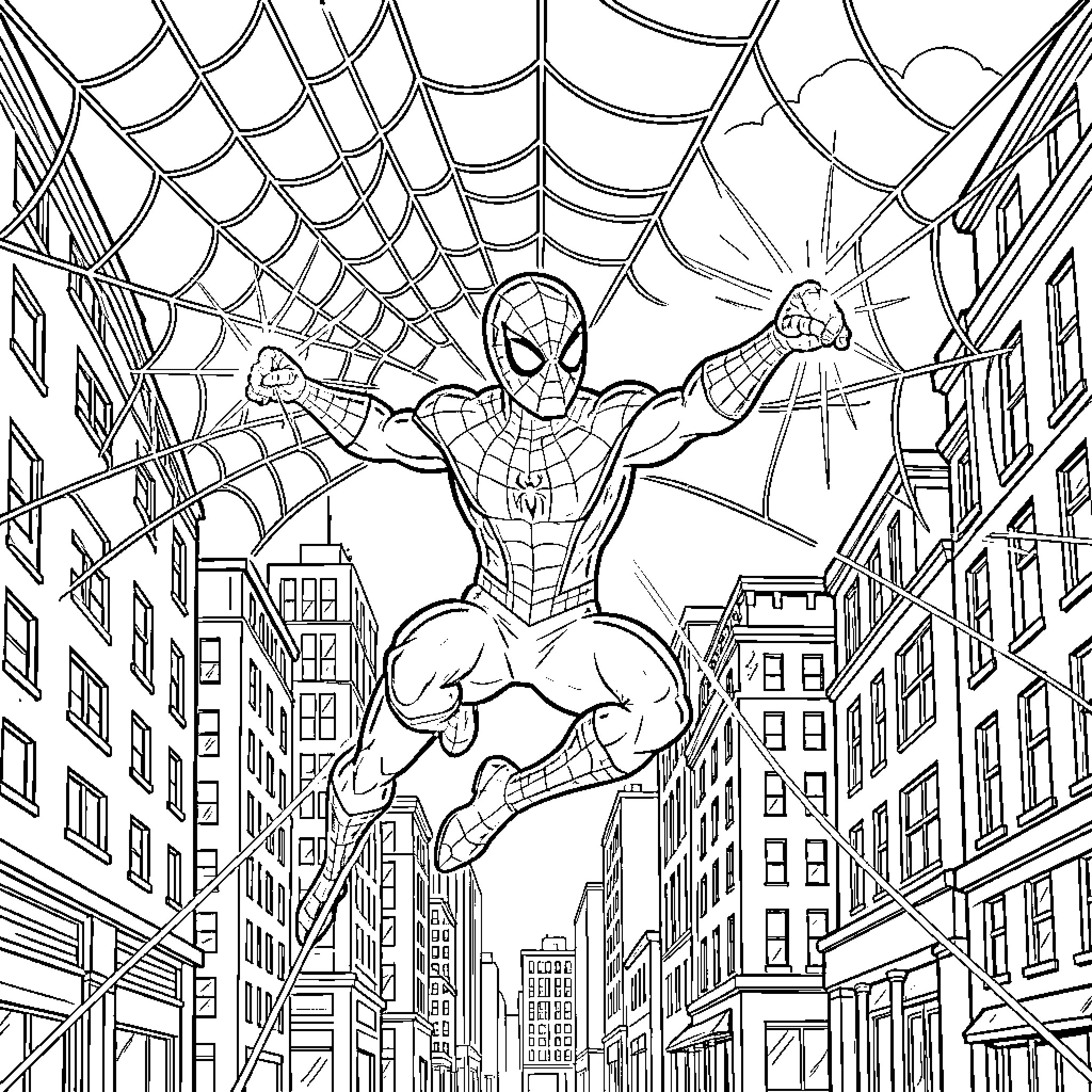 Spidey swinging through the city skyline Coloring Page (free black-and-white line drawing printable PDF for all, from beginners to advanced learners, including children, teens, adults, and seniors)