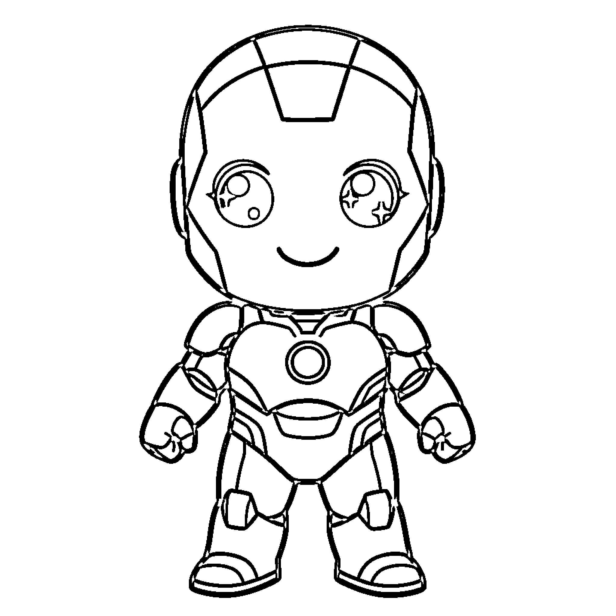 Ironman Chibi Superhero in Action Pose Coloring Page (free black-and-white line drawing printable PDF for all, from beginners to advanced learners, including children, teens, adults, and seniors)