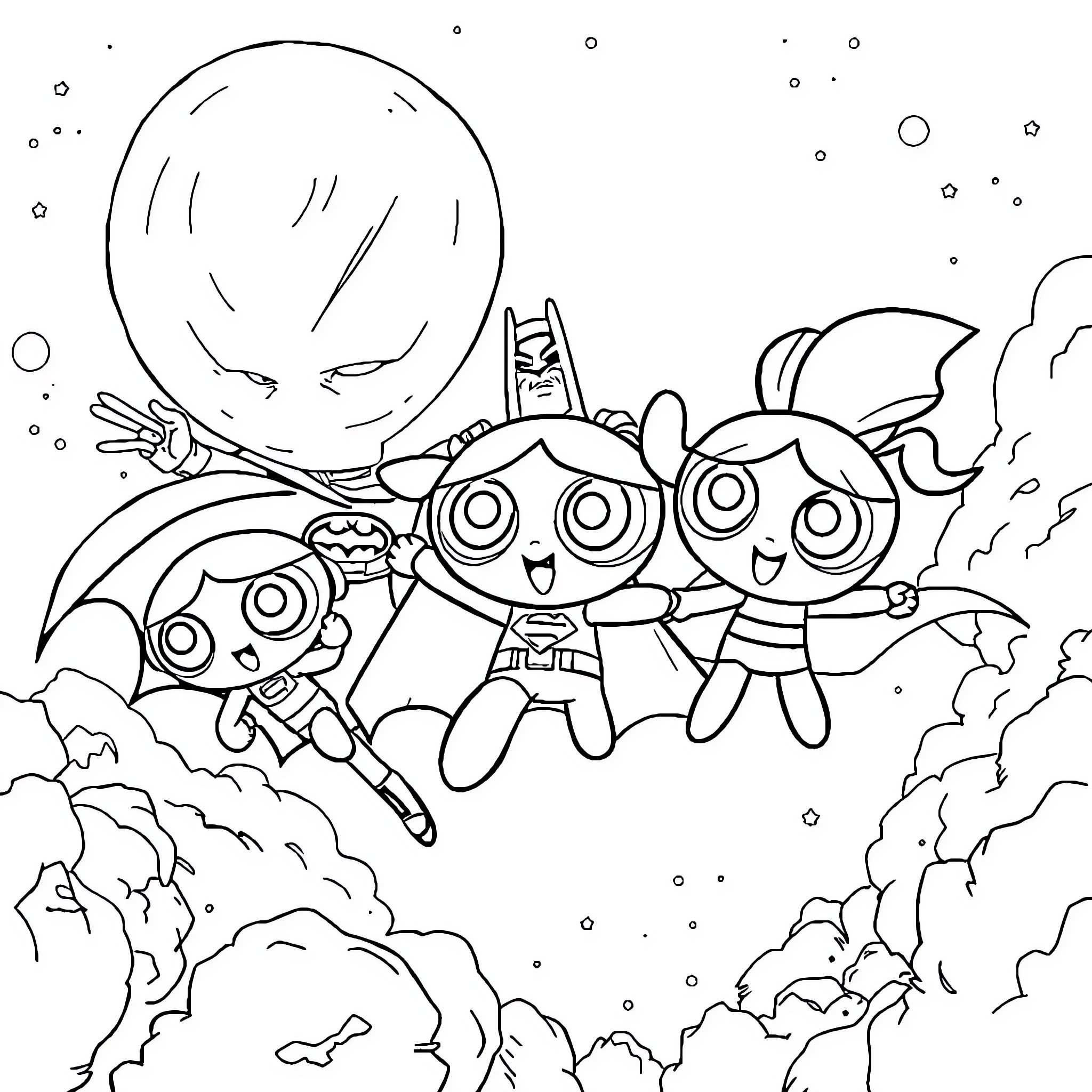 Powerpuff Girls battling villains in the sky Coloring Page (free black-and-white line drawing printable PDF for all, from beginners to advanced learners, including children, teens, adults, and seniors)