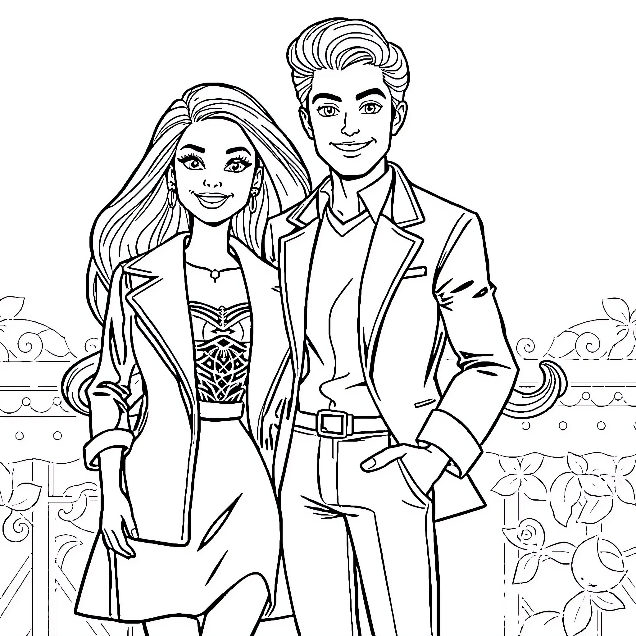 Barbie and Ken in formal attire Coloring Page (free black-and-white line drawing printable PDF for all, from beginners to advanced learners, including children, teens, adults, and seniors)