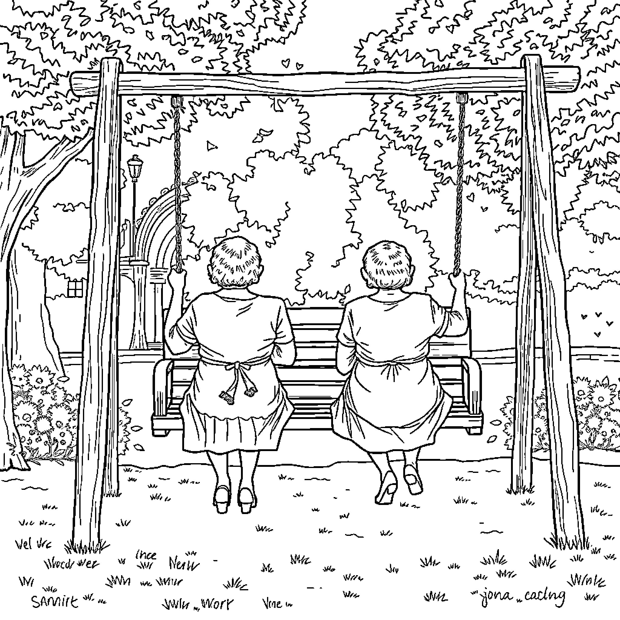 Lady friends enjoying a peaceful day on the swings Coloring Page (free black-and-white line drawing printable PDF for all, from beginners to advanced learners, including children, teens, adults, and seniors)
