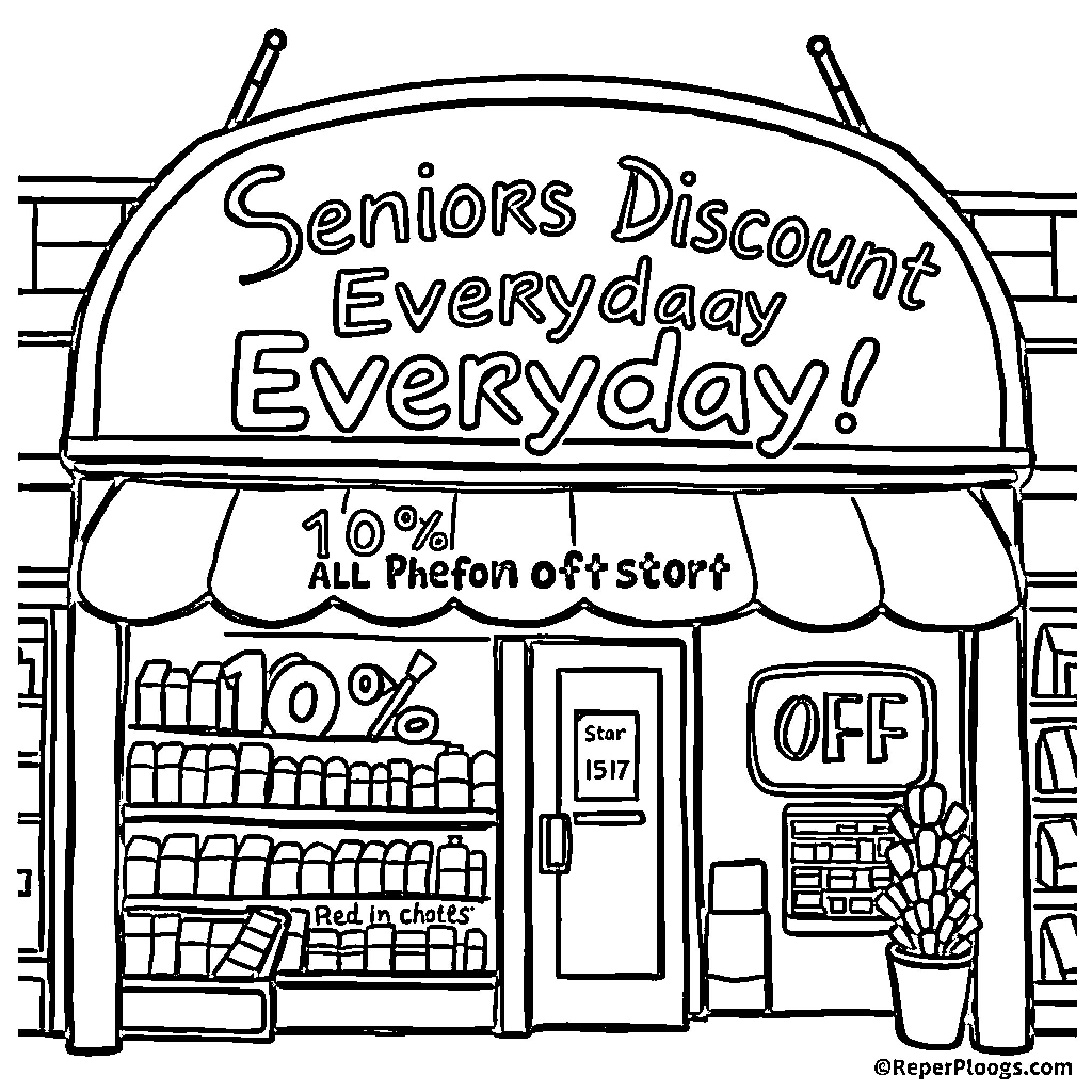 Discount Seniors Everyday Store Offering Coloring Page (free black-and-white line drawing printable PDF for all, from beginners to advanced learners, including children, teens, adults, and seniors)