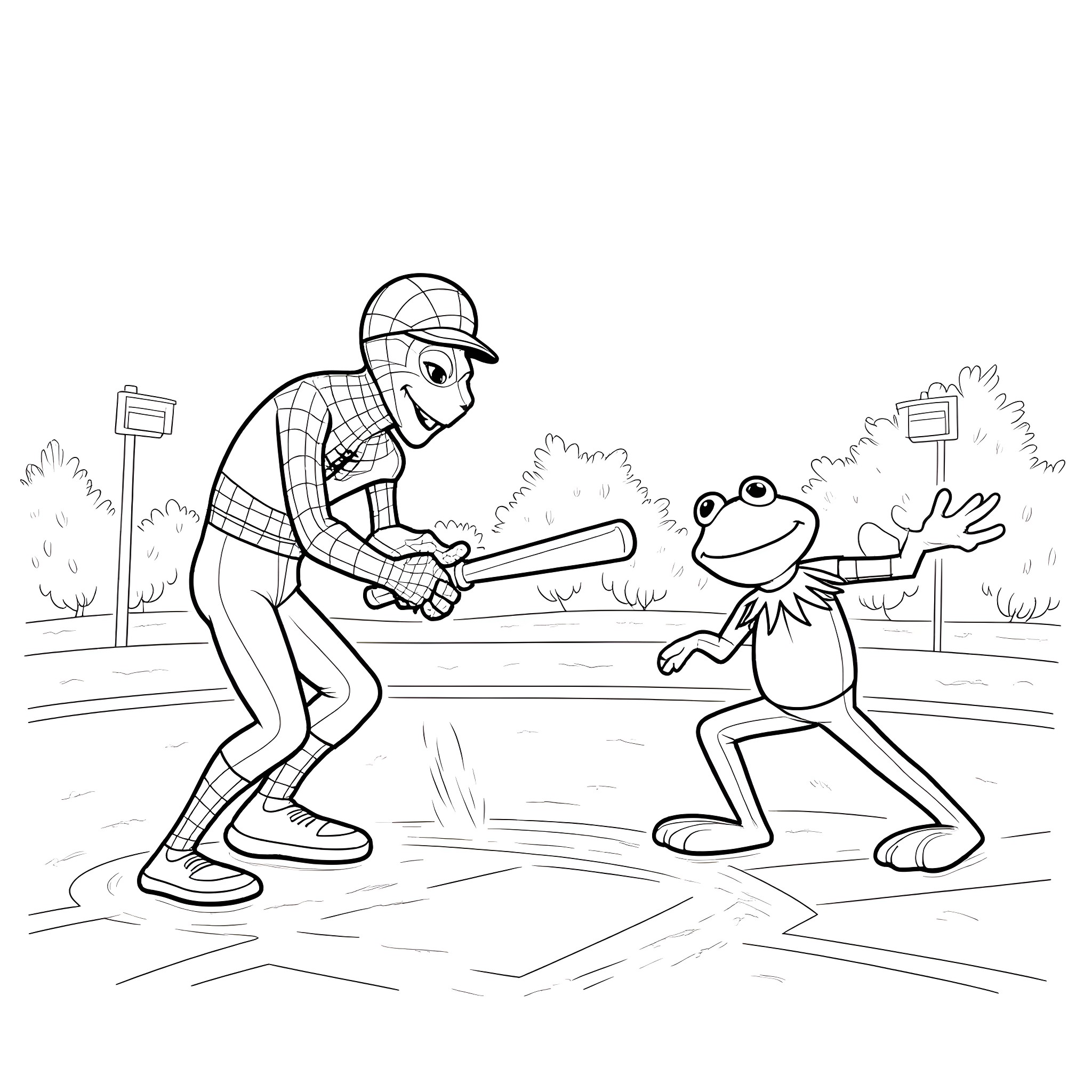 Spiderman playing baseball with frog friend Coloring Page (free black-and-white line drawing printable PDF for all, from beginners to advanced learners, including children, teens, adults, and seniors)