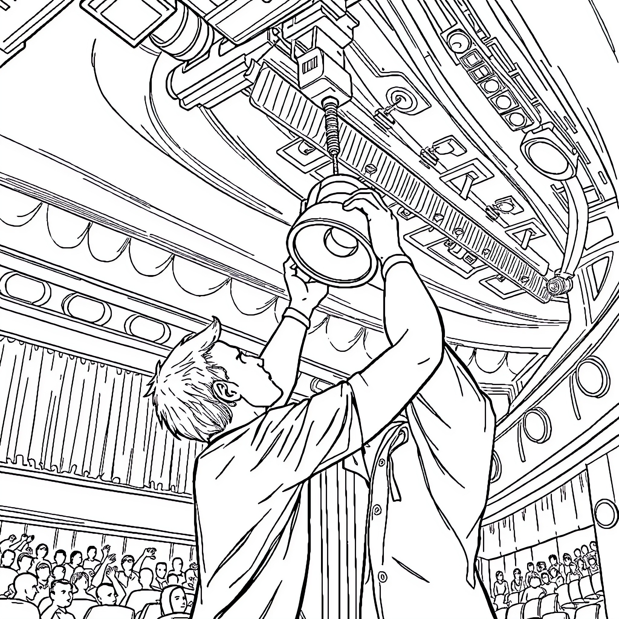 Theatre Technician Inspecting Stage Lighting Equipment Coloring Page (free black-and-white line drawing printable PDF for all, from beginners to advanced learners, including children, teens, adults, and seniors)