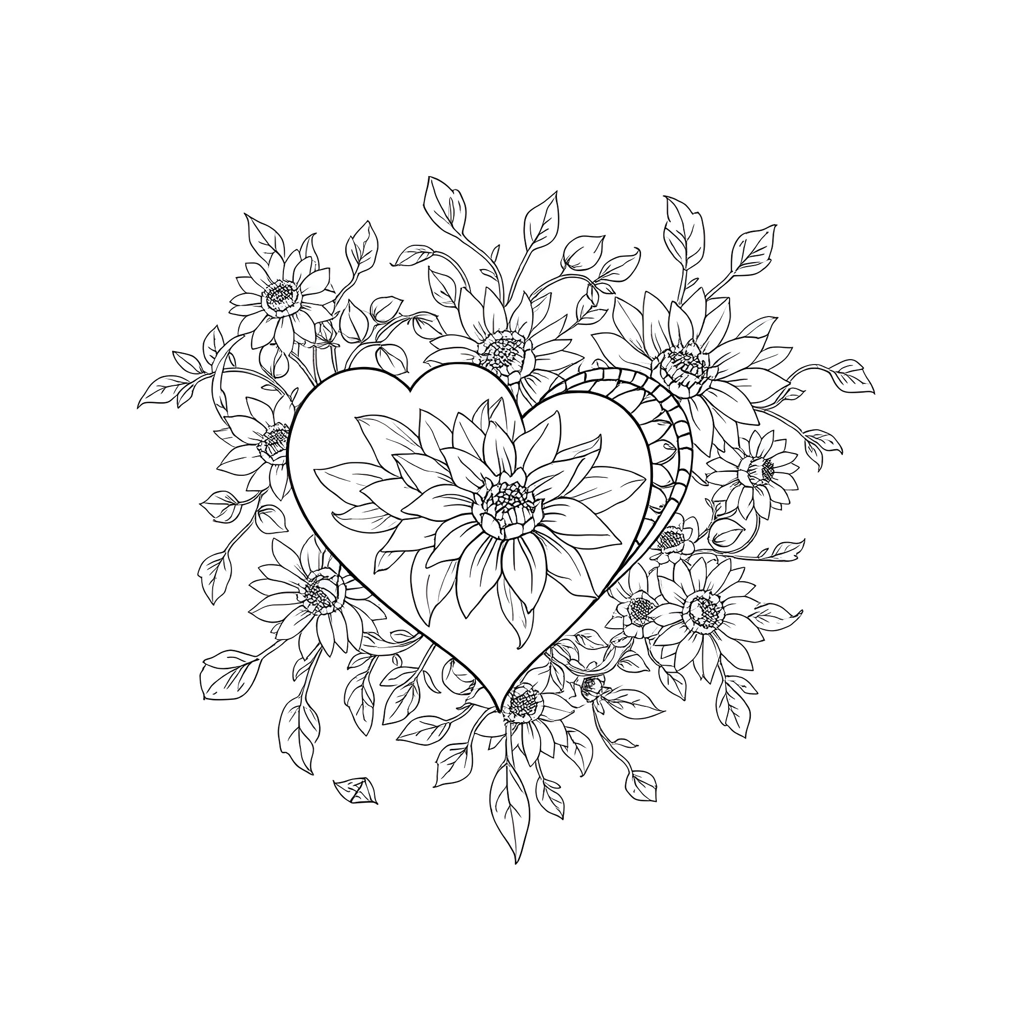 Heart Blooming with Lovely Flowers Coloring Page (free black-and-white line drawing printable PDF for all, from beginners to advanced learners, including children, teens, adults, and seniors)