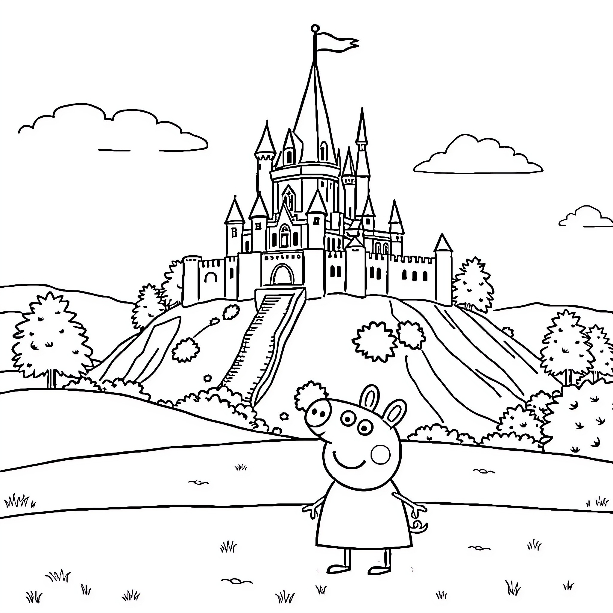 Peppa Pig's Adventure at the Enchanted Castle Coloring Page (free black-and-white line drawing printable PDF for all, from beginners to advanced learners, including children, teens, adults, and seniors)