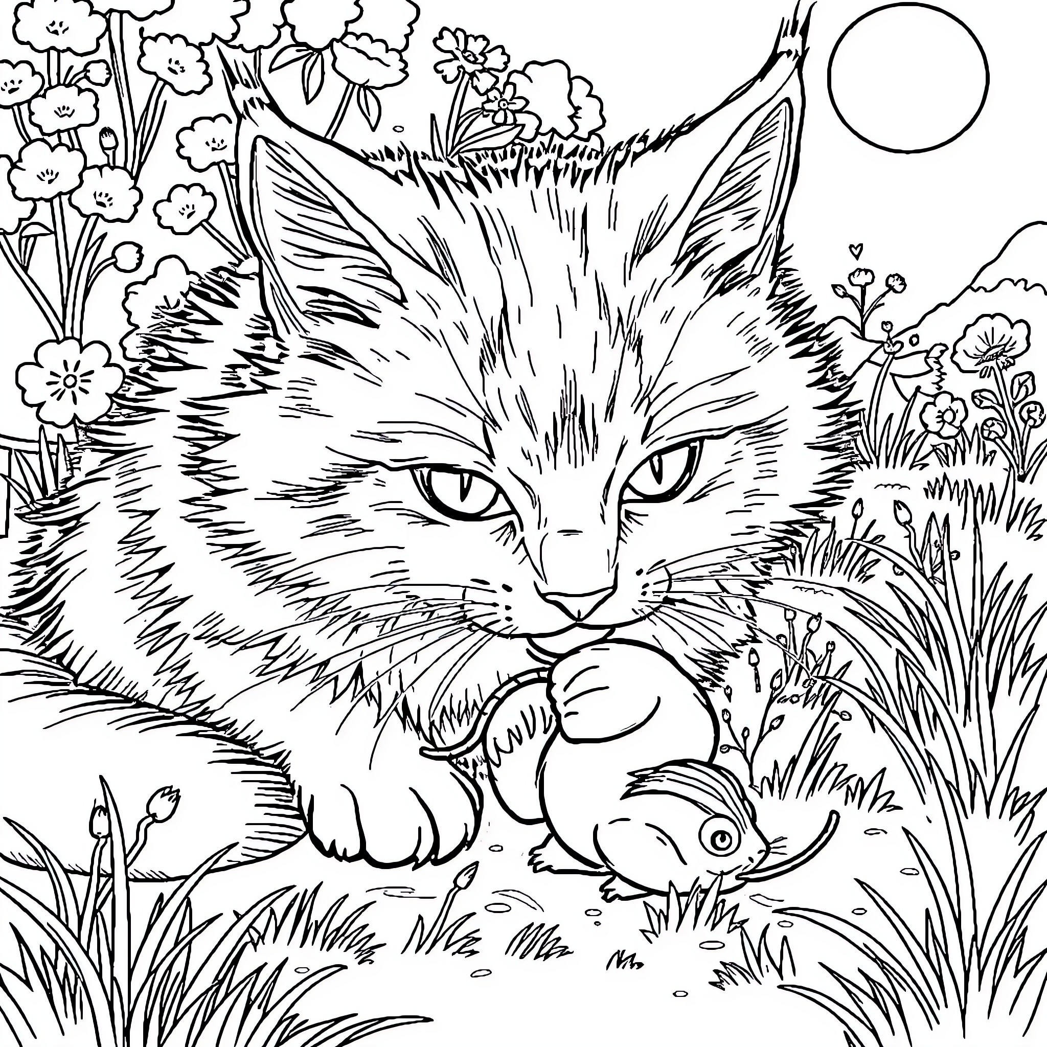 Cat Hunting a Mouse in the Garden Coloring Page (free black-and-white line drawing printable PDF for all, from beginners to advanced learners, including children, teens, adults, and seniors)