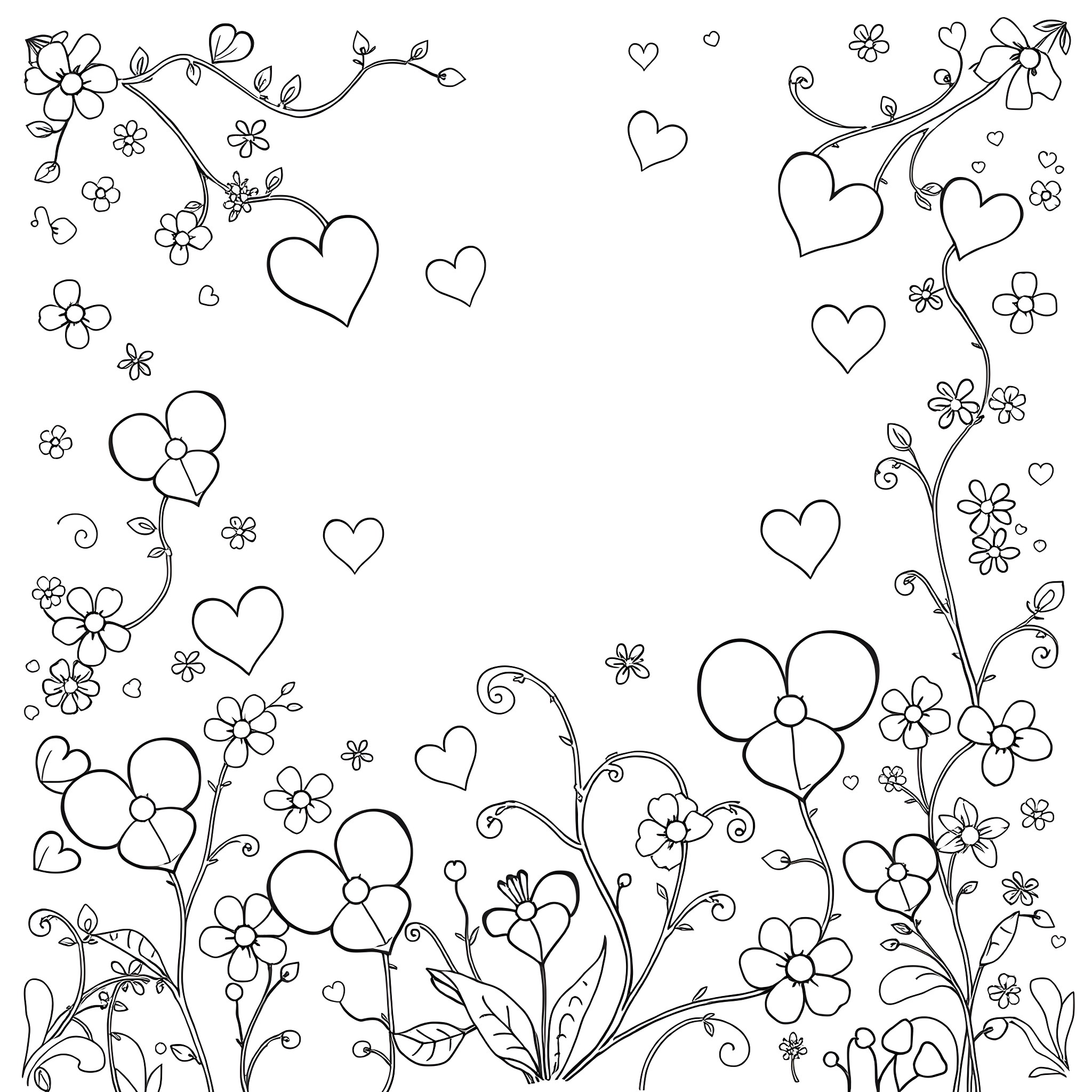 Pansy floral frame with hearts and flowers Coloring Page (free black-and-white line drawing printable PDF for all, from beginners to advanced learners, including children, teens, adults, and seniors)
