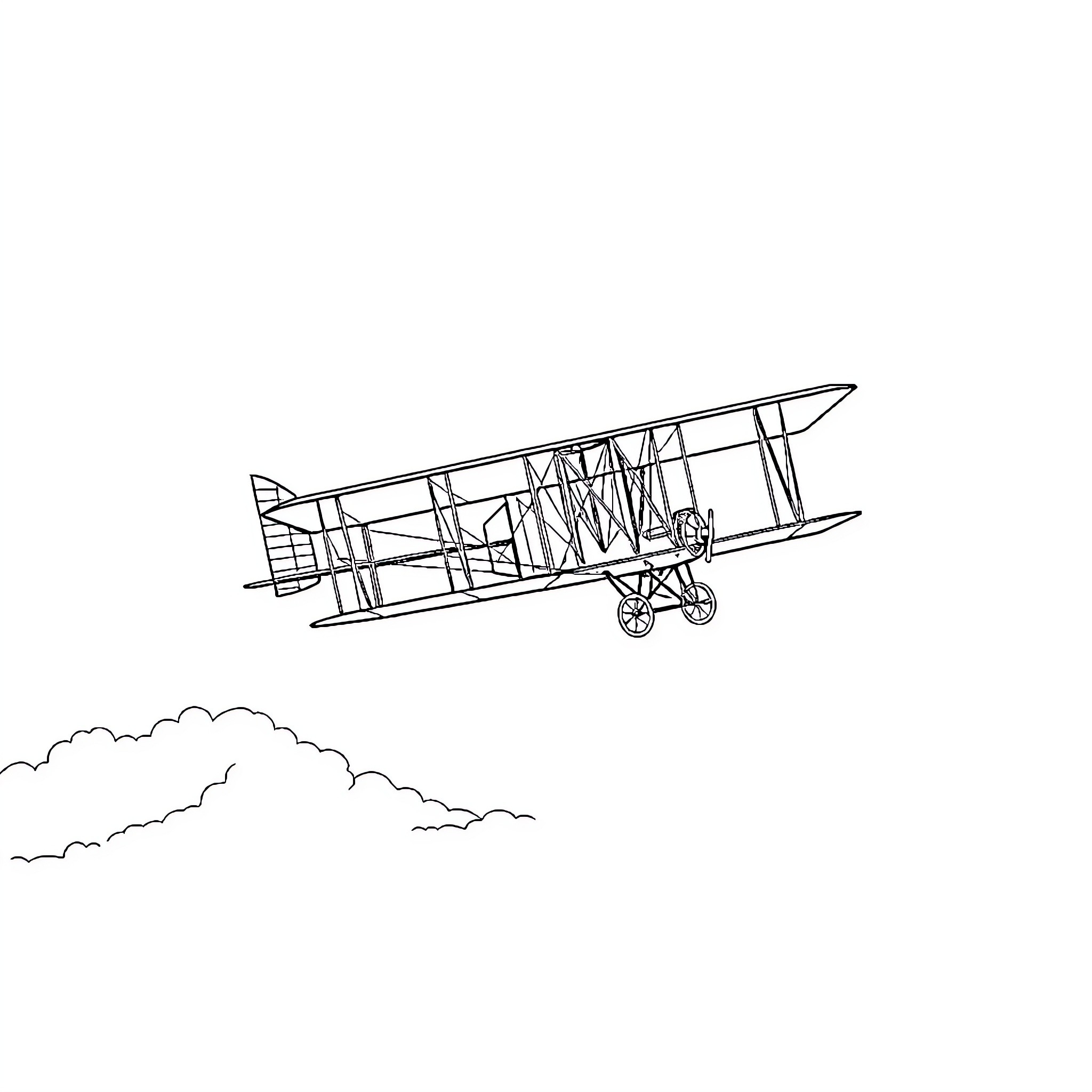Wright Flyer aircraft in flight over clouds Coloring Page (free black-and-white line drawing printable PDF for all, from beginners to advanced learners, including children, teens, adults, and seniors)