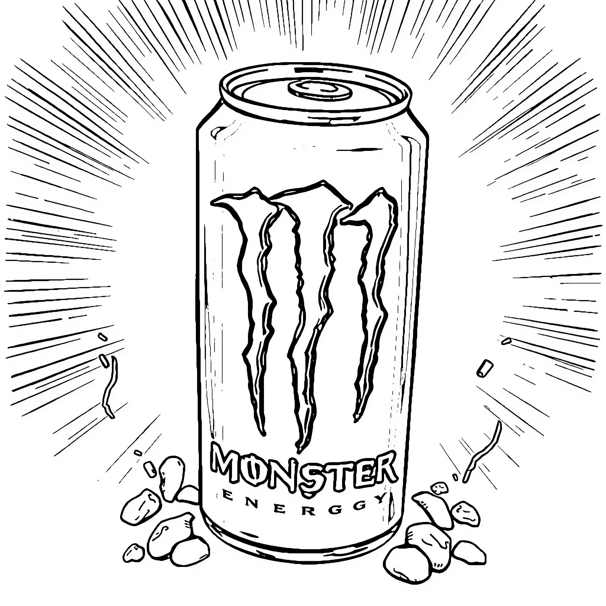 Monster energy drink can with explosive rays Coloring Page (free black-and-white line drawing printable PDF for all, from beginners to advanced learners, including children, teens, adults, and seniors)
