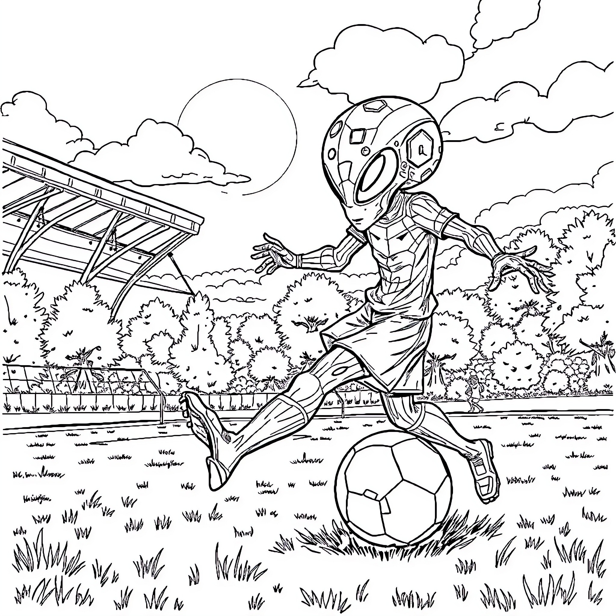 Cohete Footballer Kicking Ball in Park Coloring Page (free black-and-white line drawing printable PDF for all, from beginners to advanced learners, including children, teens, adults, and seniors)