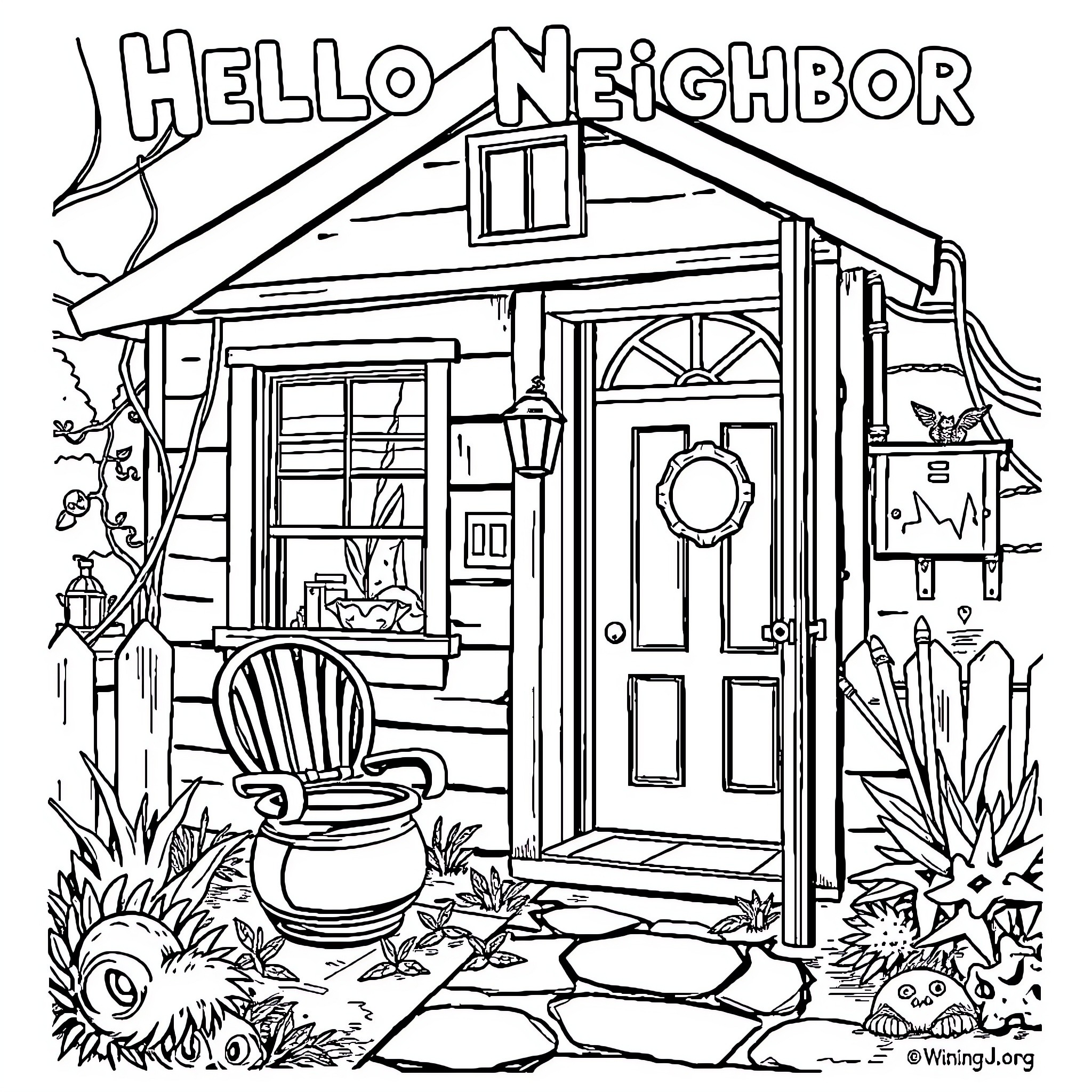 Hello Neighbor: Cozy Country Cottage Coloring Page (free black-and-white line drawing printable PDF for all, from beginners to advanced learners, including children, teens, adults, and seniors)