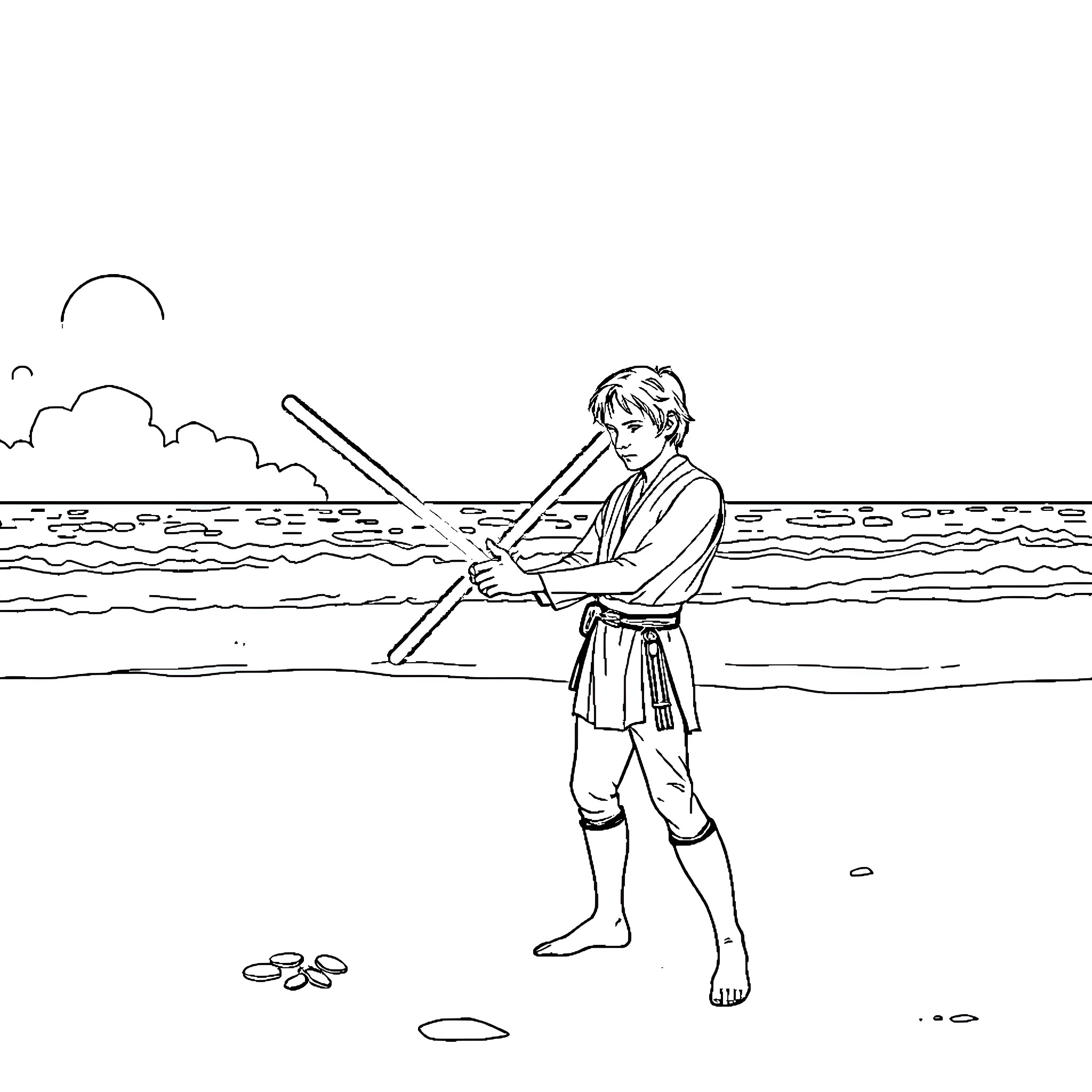 Luke Skywalker wielding lightsaber on beach Coloring Page (free black-and-white line drawing printable PDF for all, from beginners to advanced learners, including children, teens, adults, and seniors)