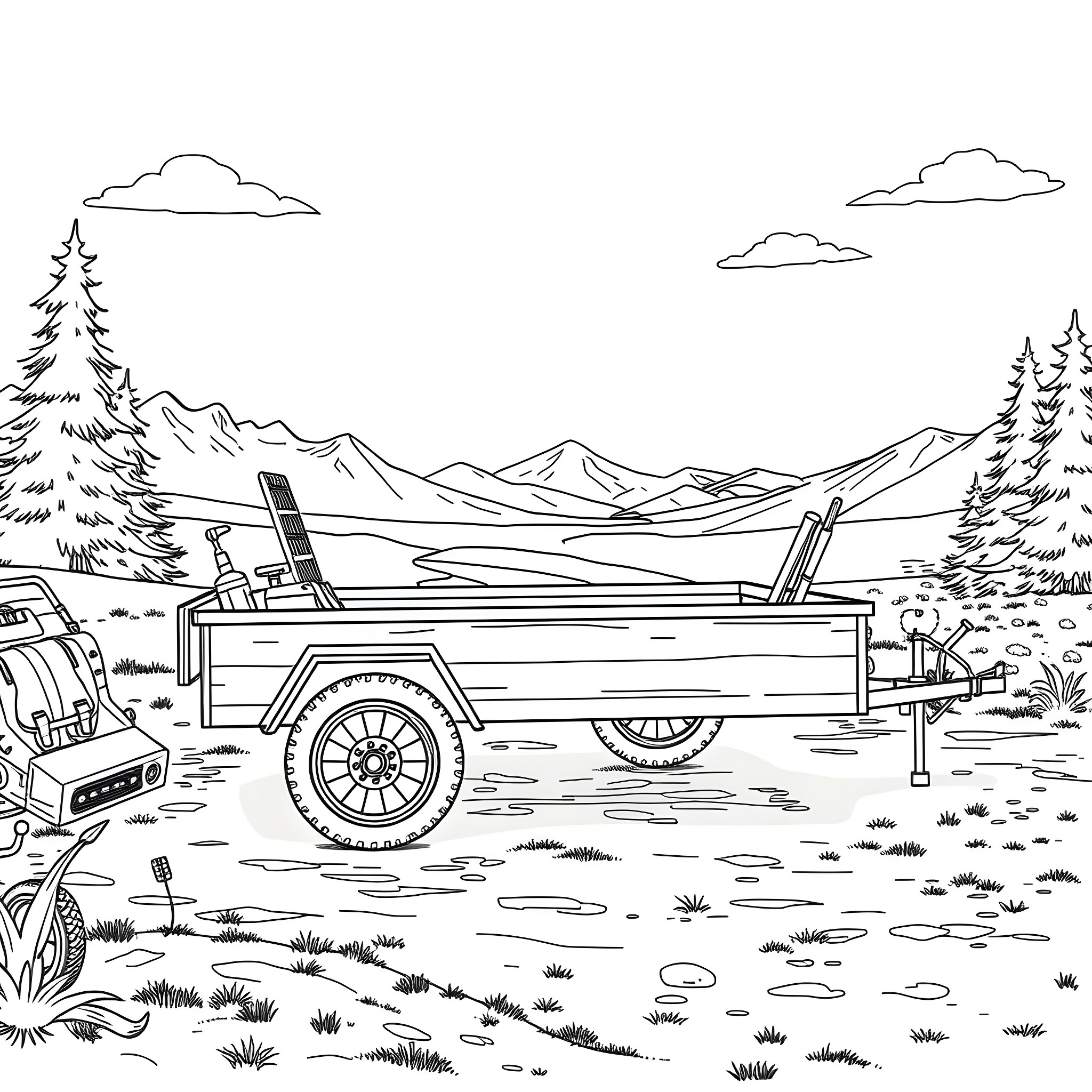 Utility Trailer Loaded with Outdoor Camping Gear in Nature Coloring Page (free black-and-white line drawing printable PDF for all, from beginners to advanced learners, including children, teens, adults, and seniors)