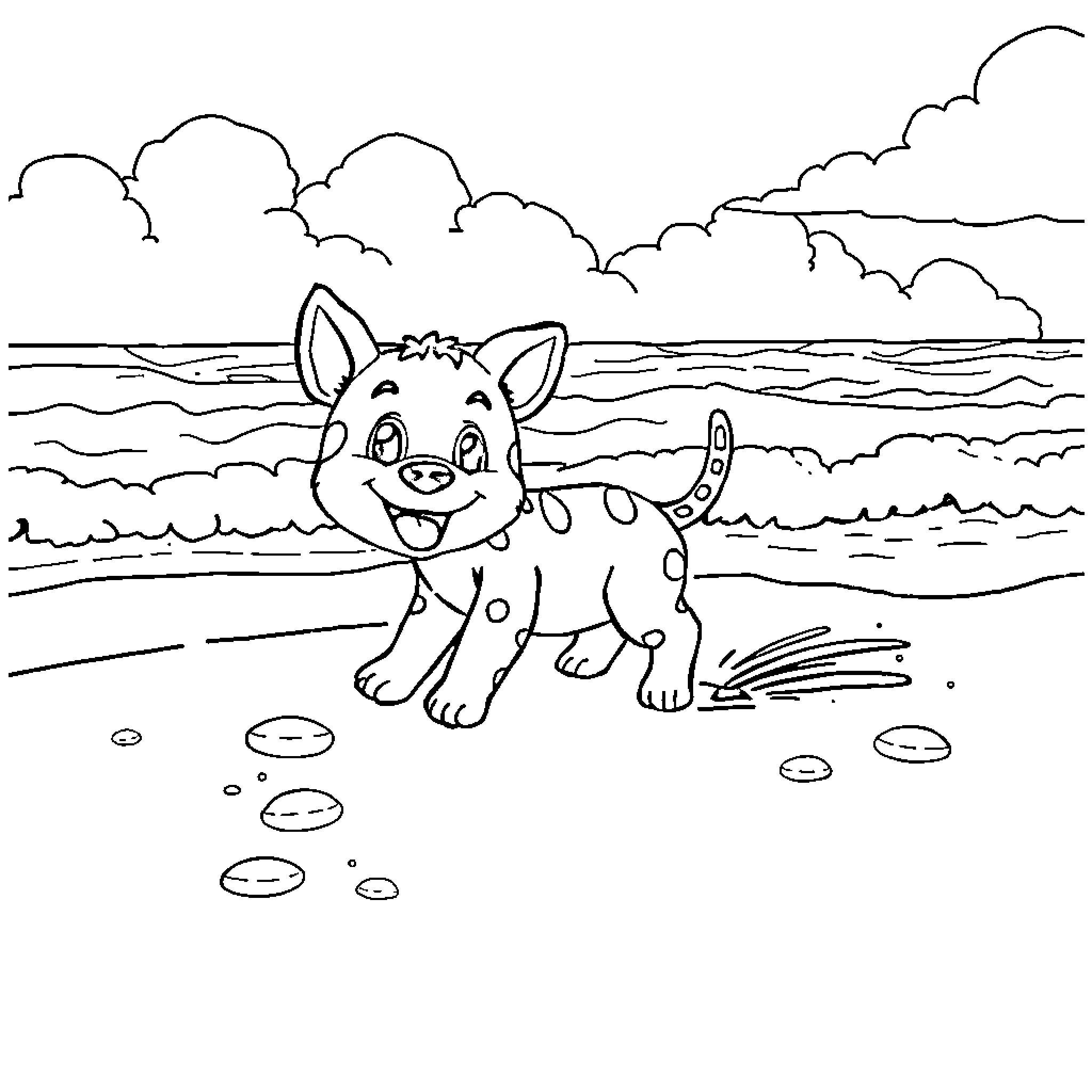 Labubu's Playful Romp by the Seashore Coloring Page (free black-and-white line drawing printable PDF for all, from beginners to advanced learners, including children, teens, adults, and seniors)
