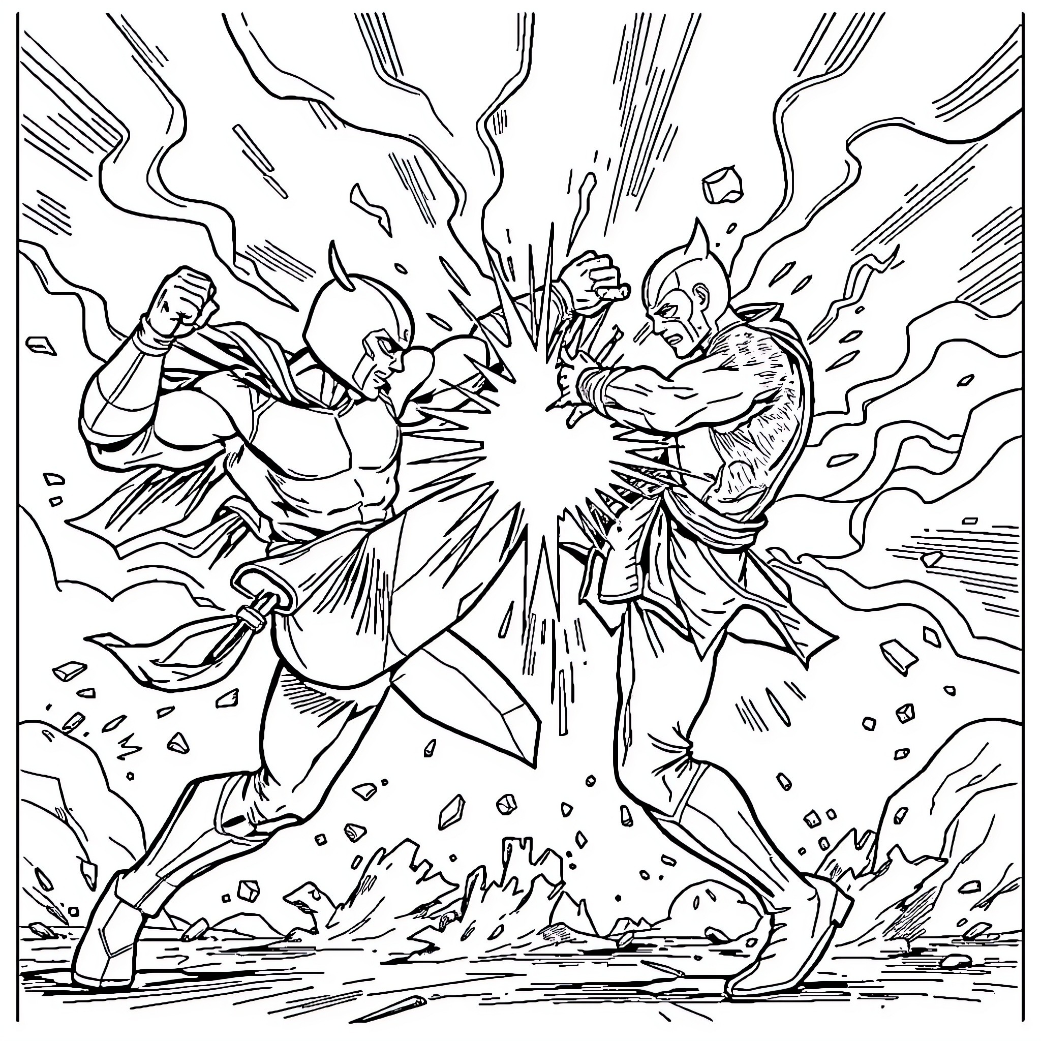 Atman - Fierce Battle of Heroic Warriors Coloring Page (free black-and-white line drawing printable PDF for all, from beginners to advanced learners, including children, teens, adults, and seniors)