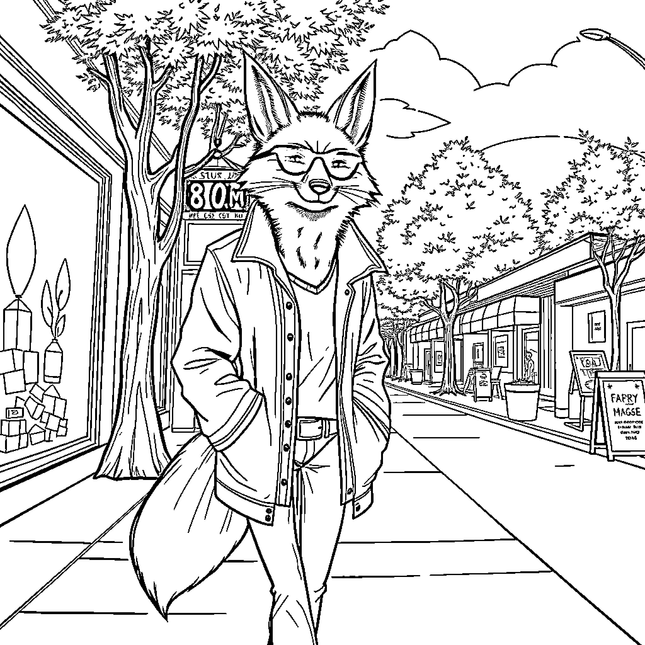 Fox Exploring the City Streetscape Coloring Page (free black-and-white line drawing printable PDF for all, from beginners to advanced learners, including children, teens, adults, and seniors)