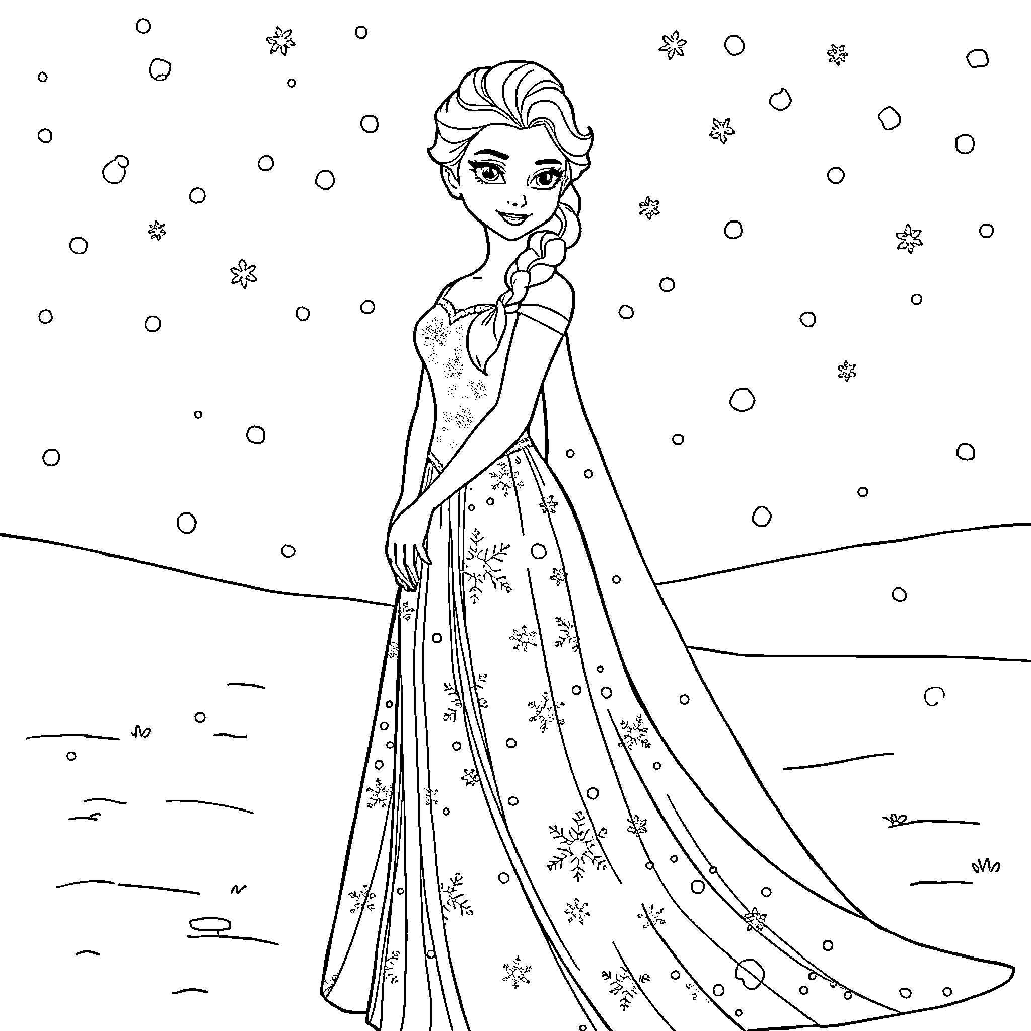 Elsa's Icy Elegance: A Winter Wonderland Moment Coloring Page (free black-and-white line drawing printable PDF for all, from beginners to advanced learners, including children, teens, adults, and seniors)