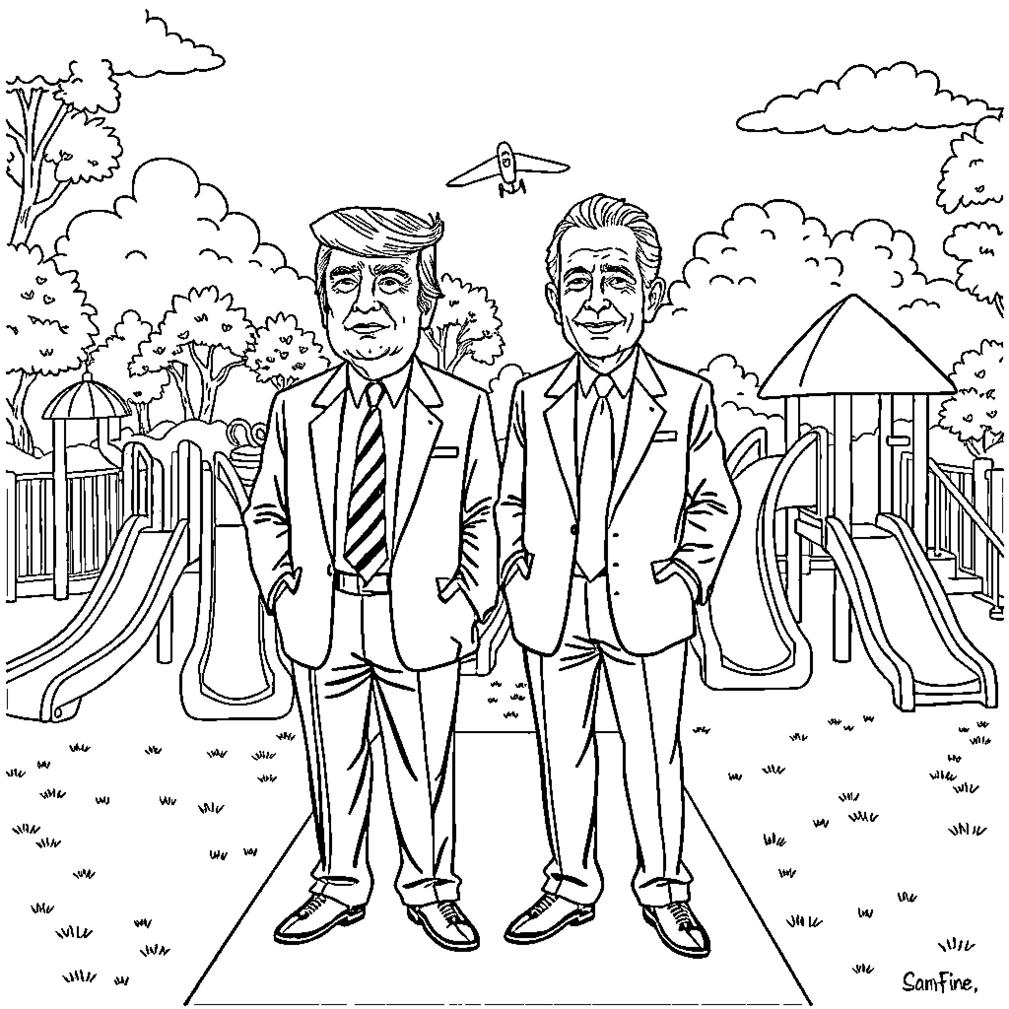 Donald Trump and a companion standing in a playful park setting Coloring Page (free black-and-white line drawing printable PDF for all, from beginners to advanced learners, including children, teens, adults, and seniors)