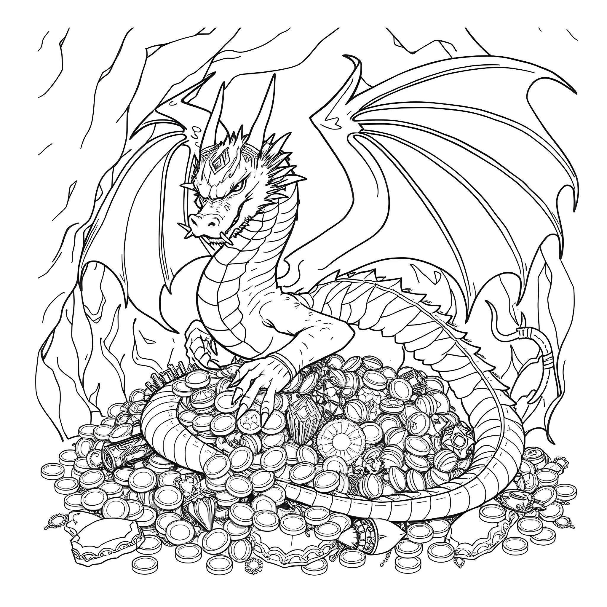 Dragon guarding a treasure hoard Coloring Page (free black-and-white line drawing printable PDF for all, from beginners to advanced learners, including children, teens, adults, and seniors)