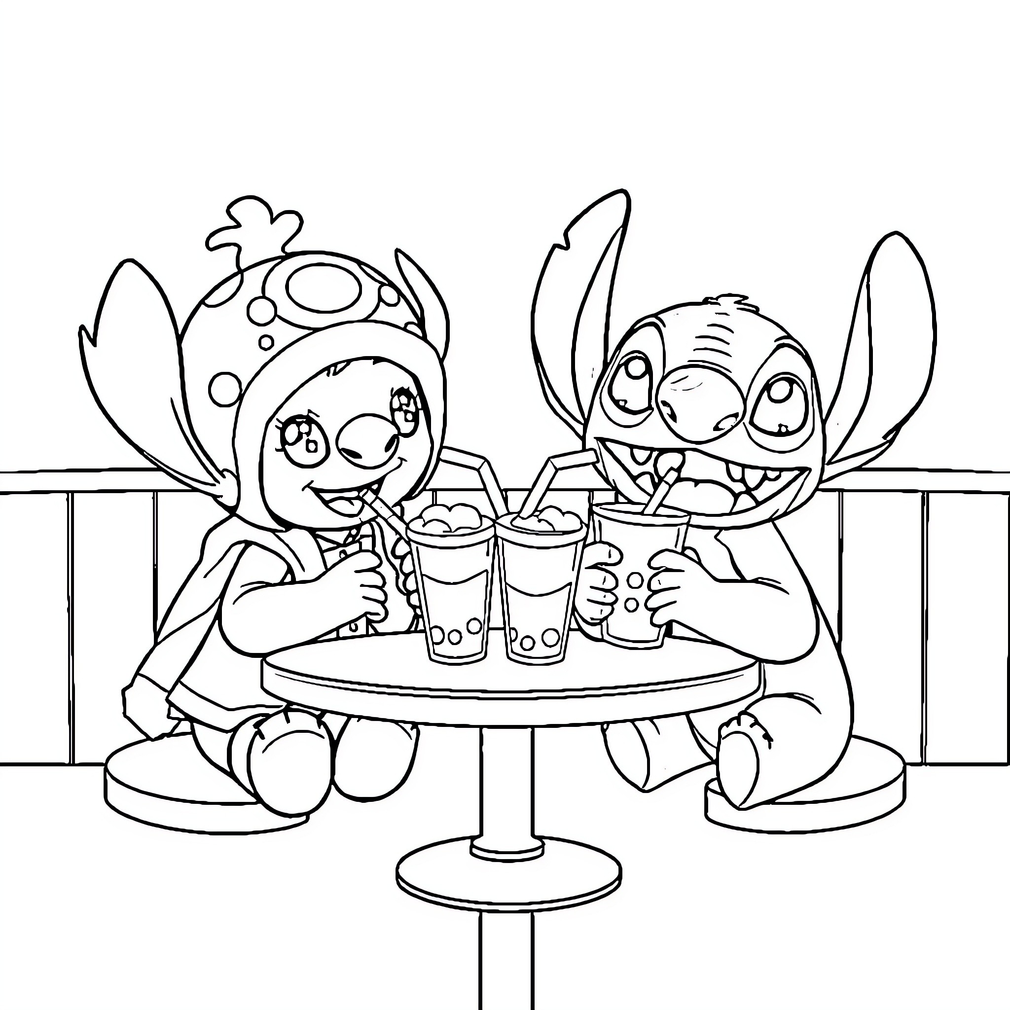 Tony Tony Chopper and Stitch enjoying drinks together Coloring Page (free black-and-white line drawing printable PDF for all, from beginners to advanced learners, including children, teens, adults, and seniors)