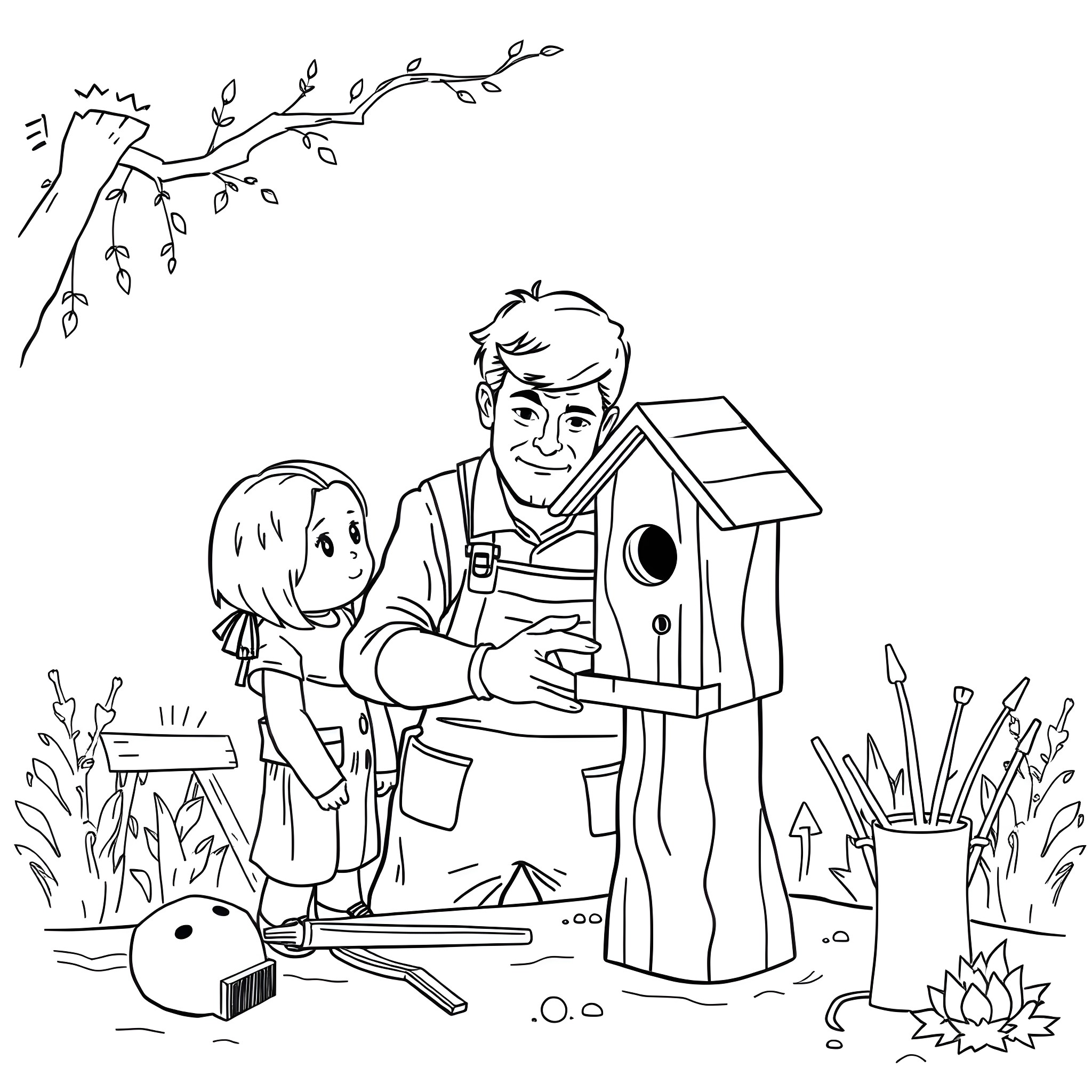 Woodworker crafting a birdhouse with a child Coloring Page (free black-and-white line drawing printable PDF for all, from beginners to advanced learners, including children, teens, adults, and seniors)