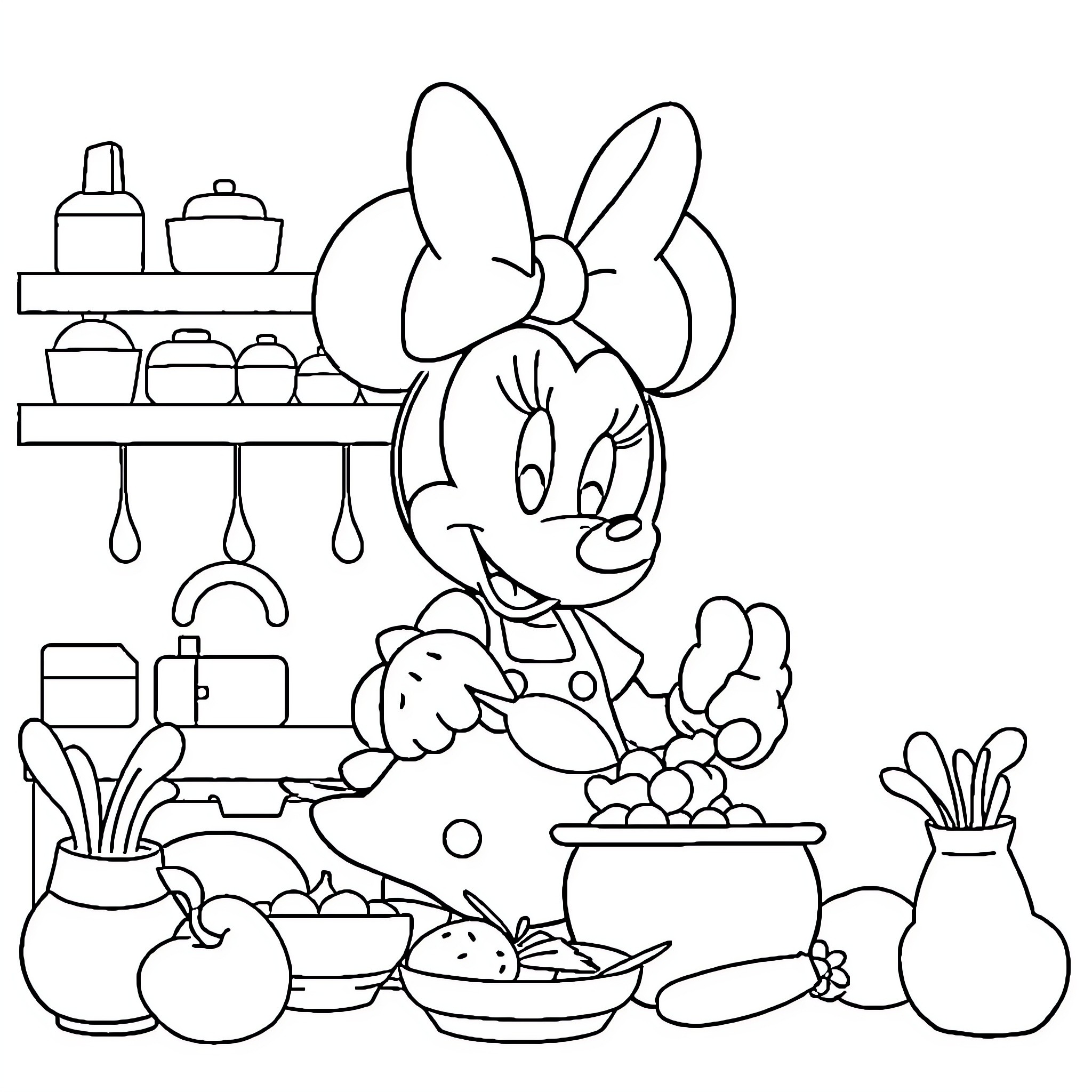 Minnie's Cozy Kitchen Scene Coloring Page (free black-and-white line drawing printable PDF for all, from beginners to advanced learners, including children, teens, adults, and seniors)