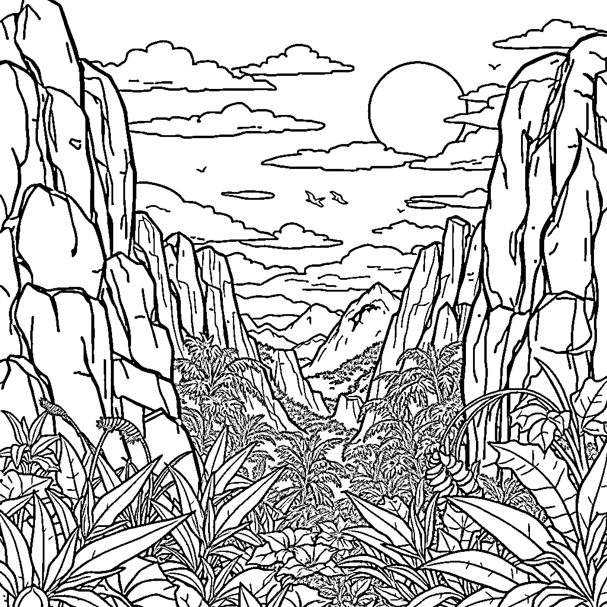 Dinosaur Roaming Through Lush Prehistoric Landscape Coloring Page (free black-and-white line drawing printable PDF for all, from beginners to advanced learners, including children, teens, adults, and seniors)